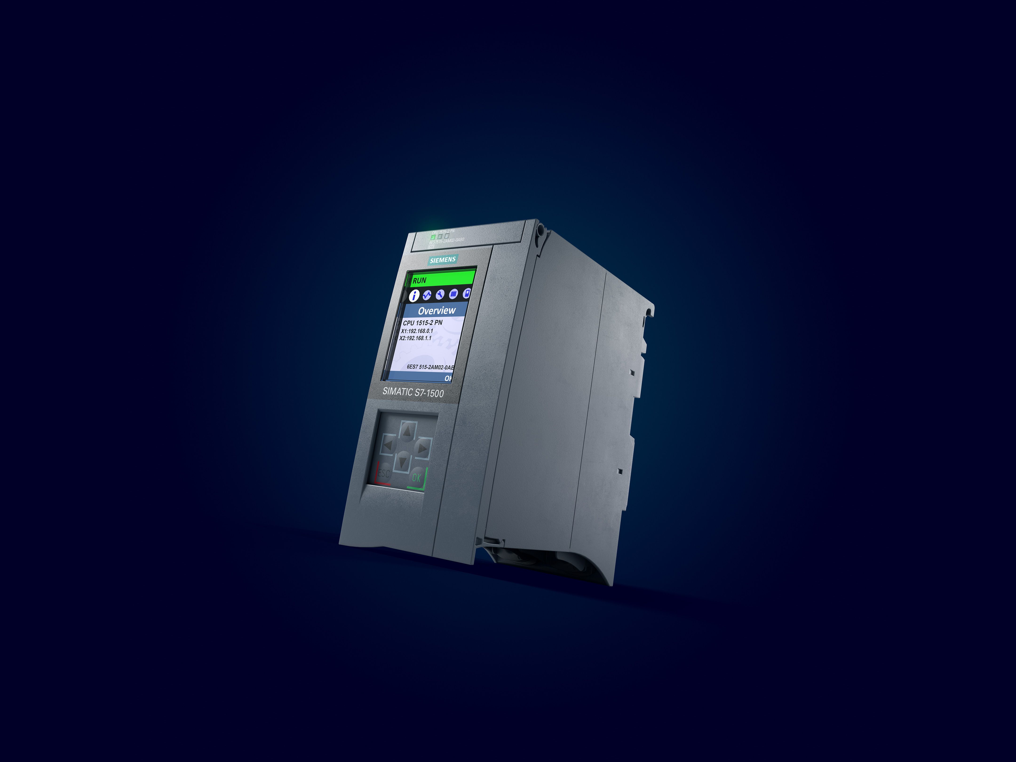 Siemens симатичен S7 1500 контролер с дисплей и индикатори за състоянието на тъмно син фон.