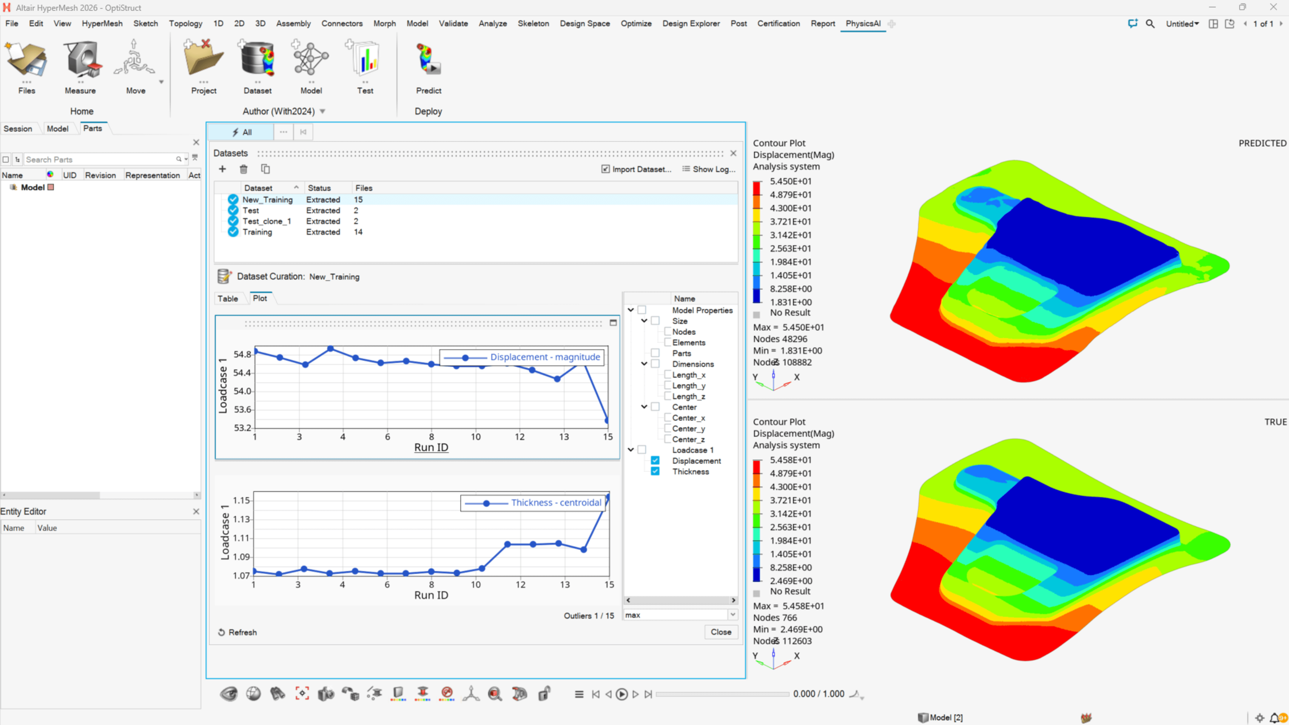 Simcenter PhysicsAI comparing predicted and true displacement contours on a panel for sheet metal forming process simulation