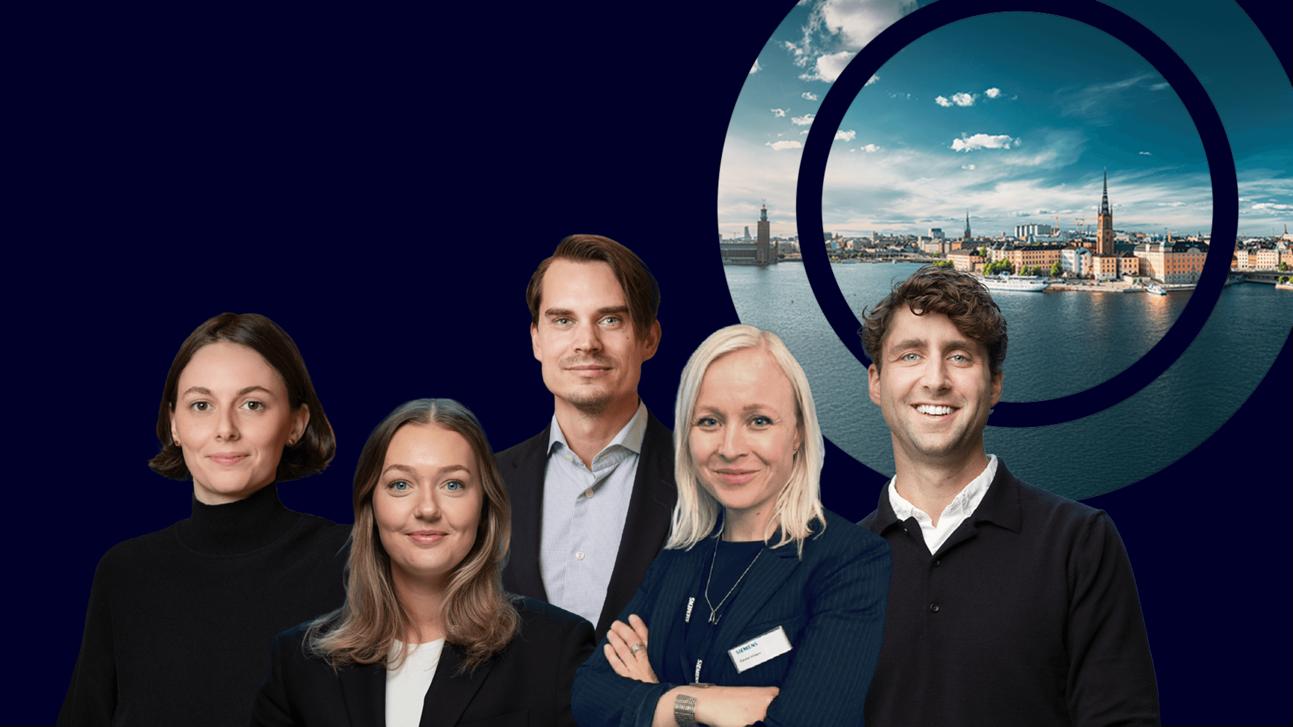 Gruppbild av fem personer framför en stiliserad bakgrund med Stockholms skyline i en cirkulär vy, som symboliserar Sveriges digitala och hållbara transformation mot 2030.