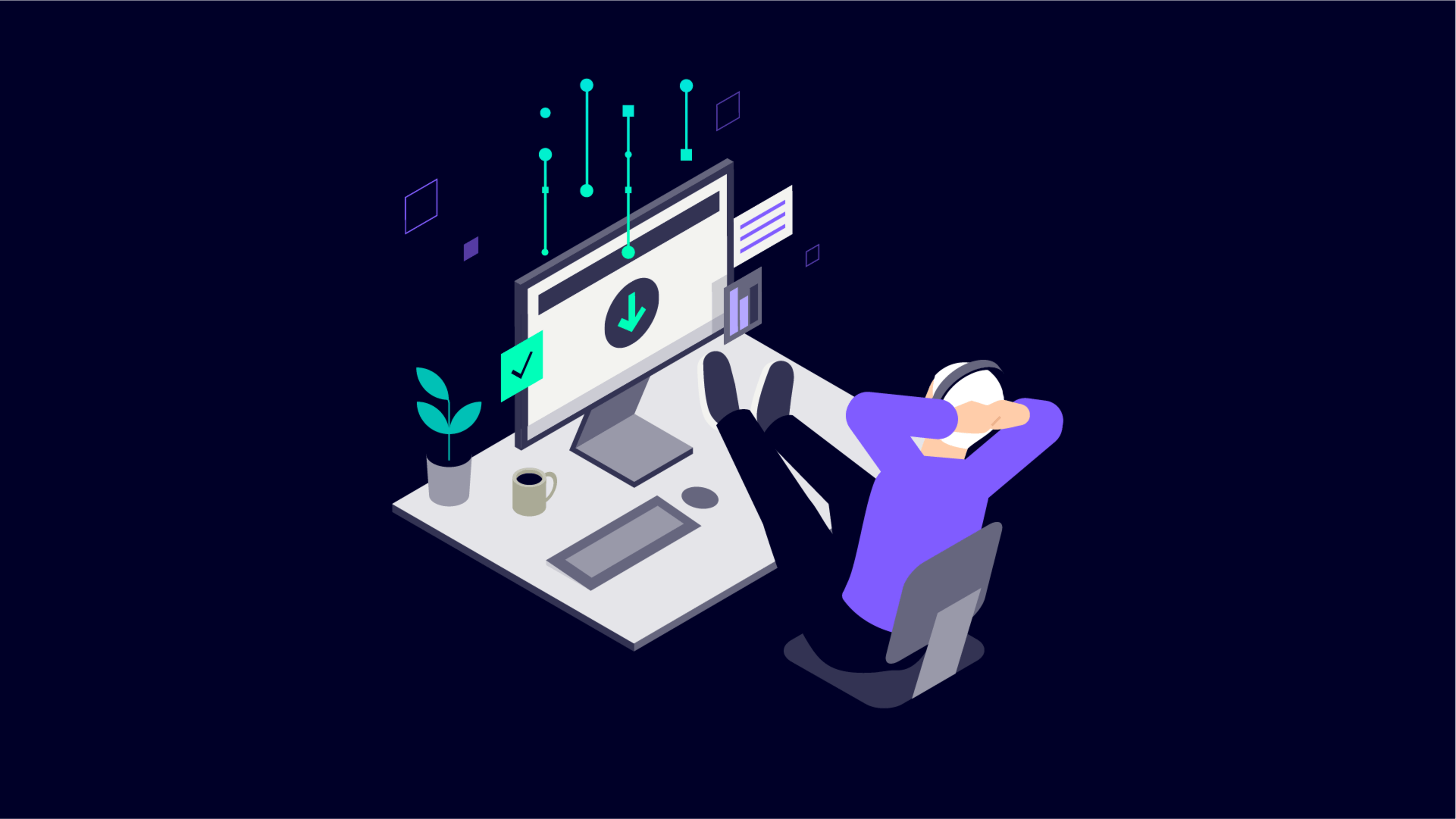 Isometric illustration of a person relaxing in a chair with feet on a desk, next to a computer monitor.