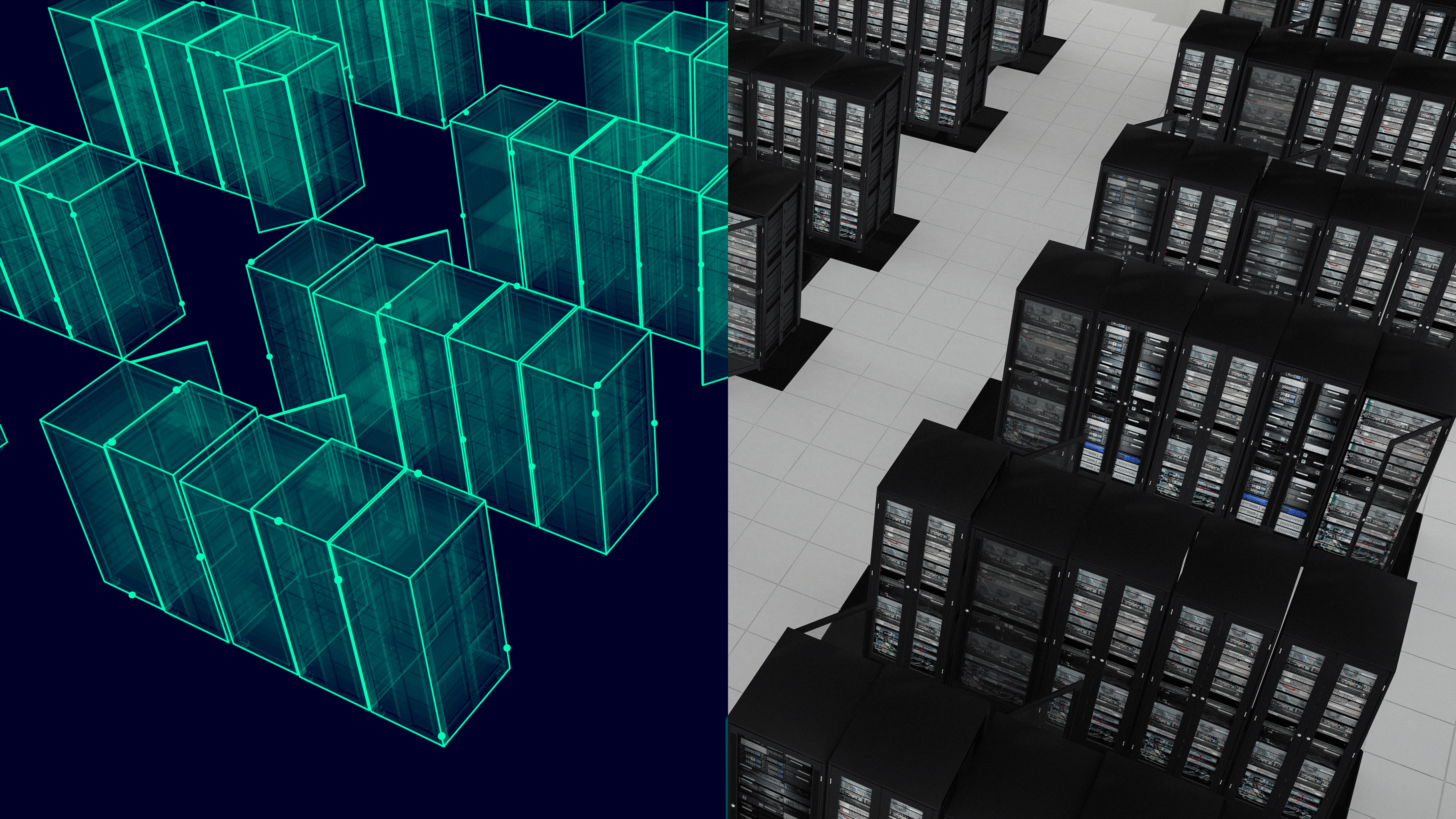 Pantalla dividida que muestra un gemelo digital de estructura inalámbrica verde de racks de servidores a la izquierda y racks de servidores físicos reales a la derecha.
