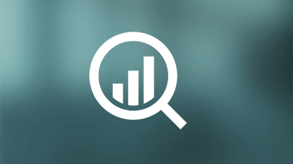 White magnifying glass icon with a rising bar chart inside on a blurred teal background.