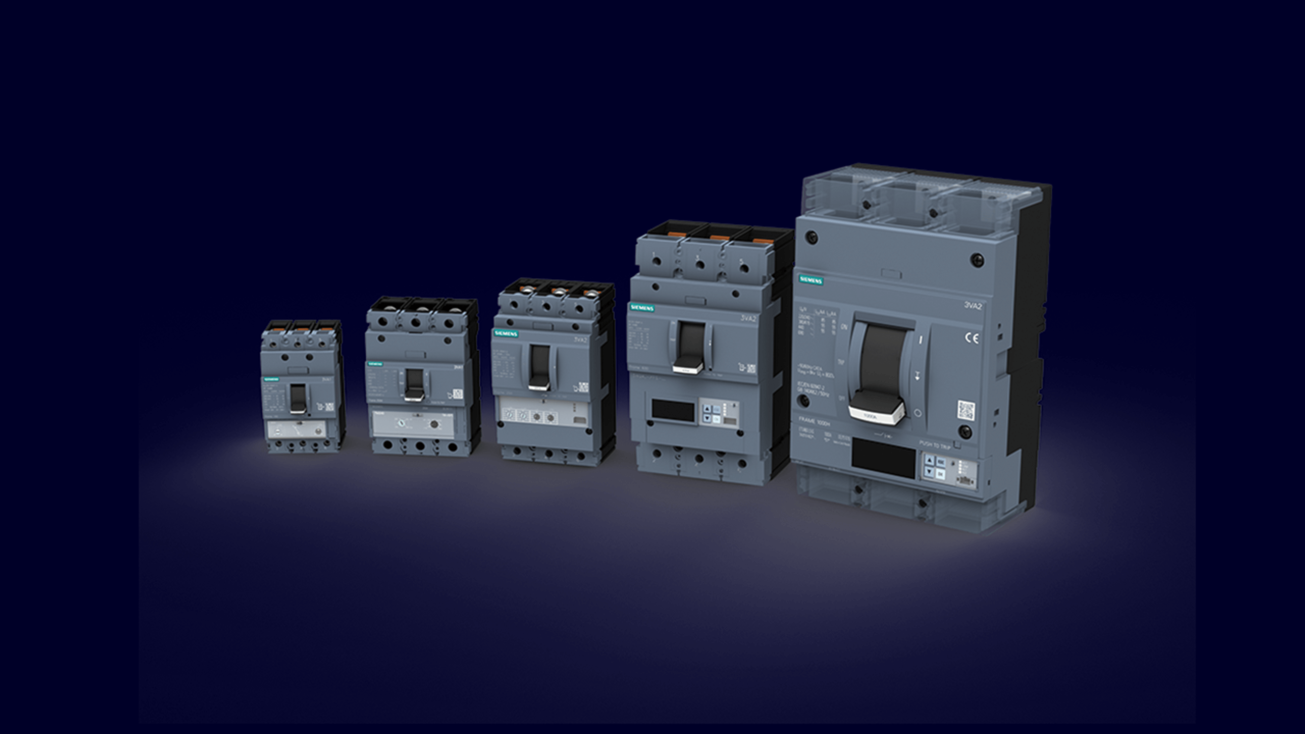 5 Siemens 3VA molded case circuit breakers on a dark blue background