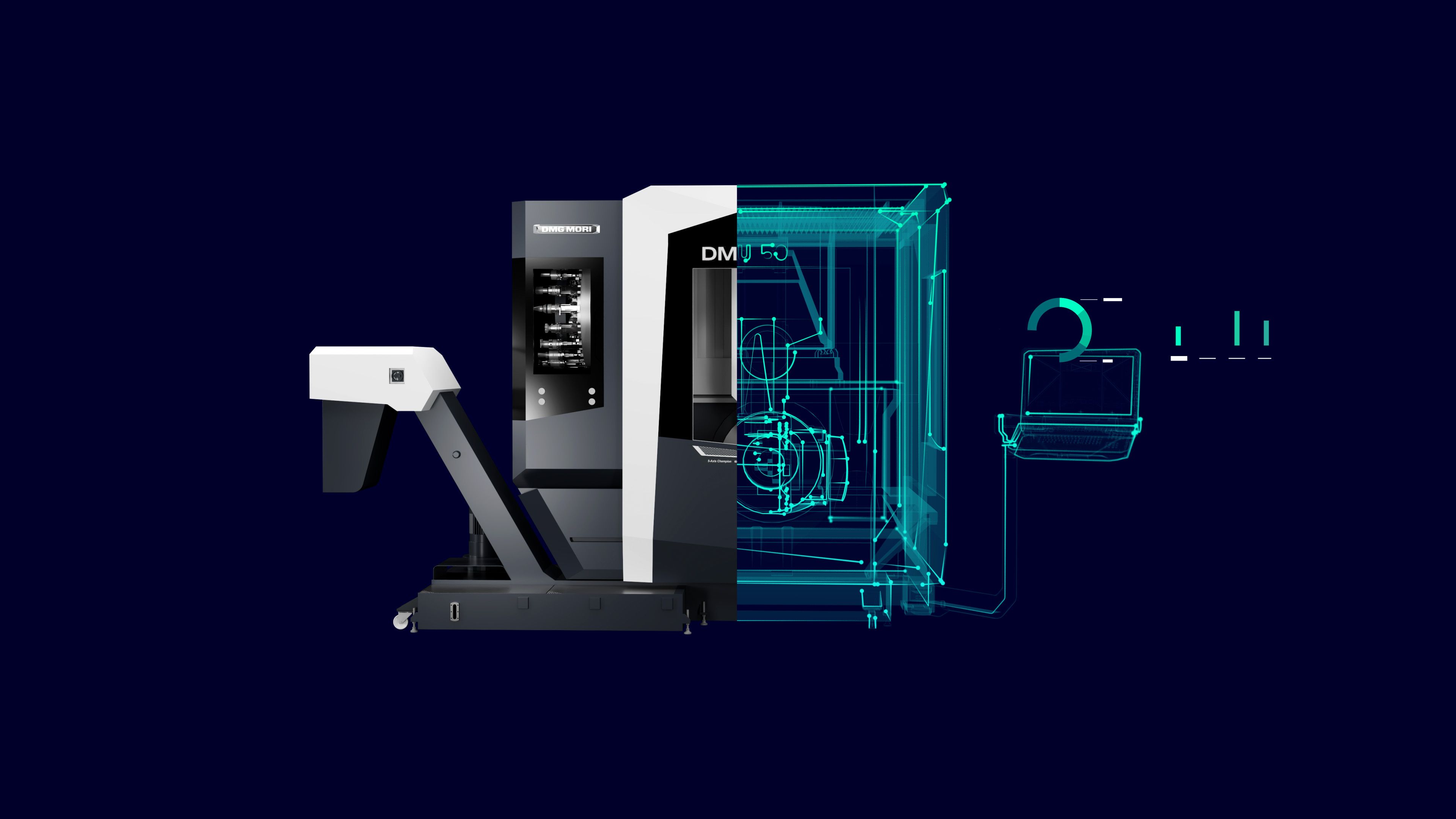 CNC machine tool paired with its digital twin wireframe rendering on dark background