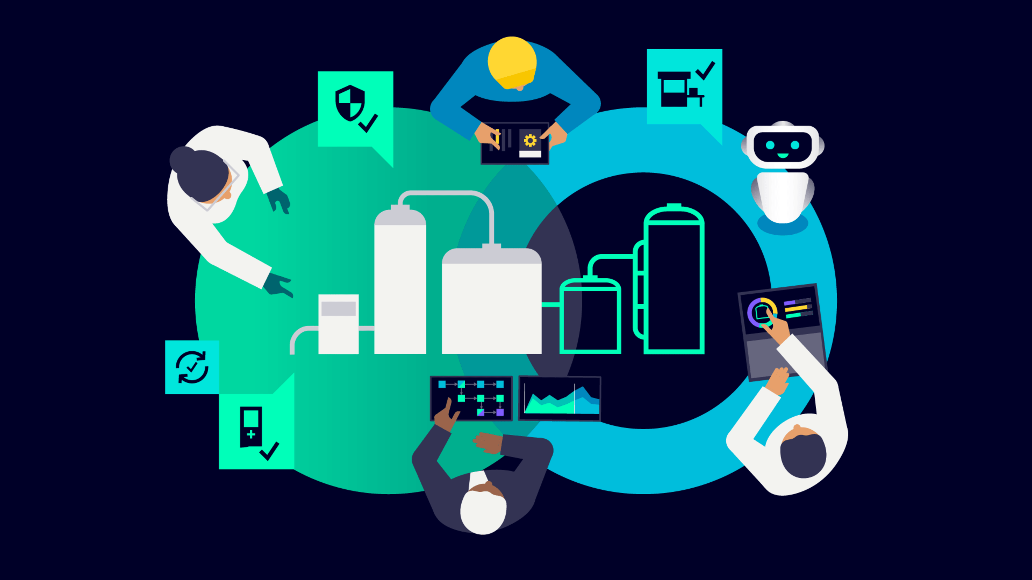 Vector illustration of people and a robot managing a factory process inside an infinity loop symbol.