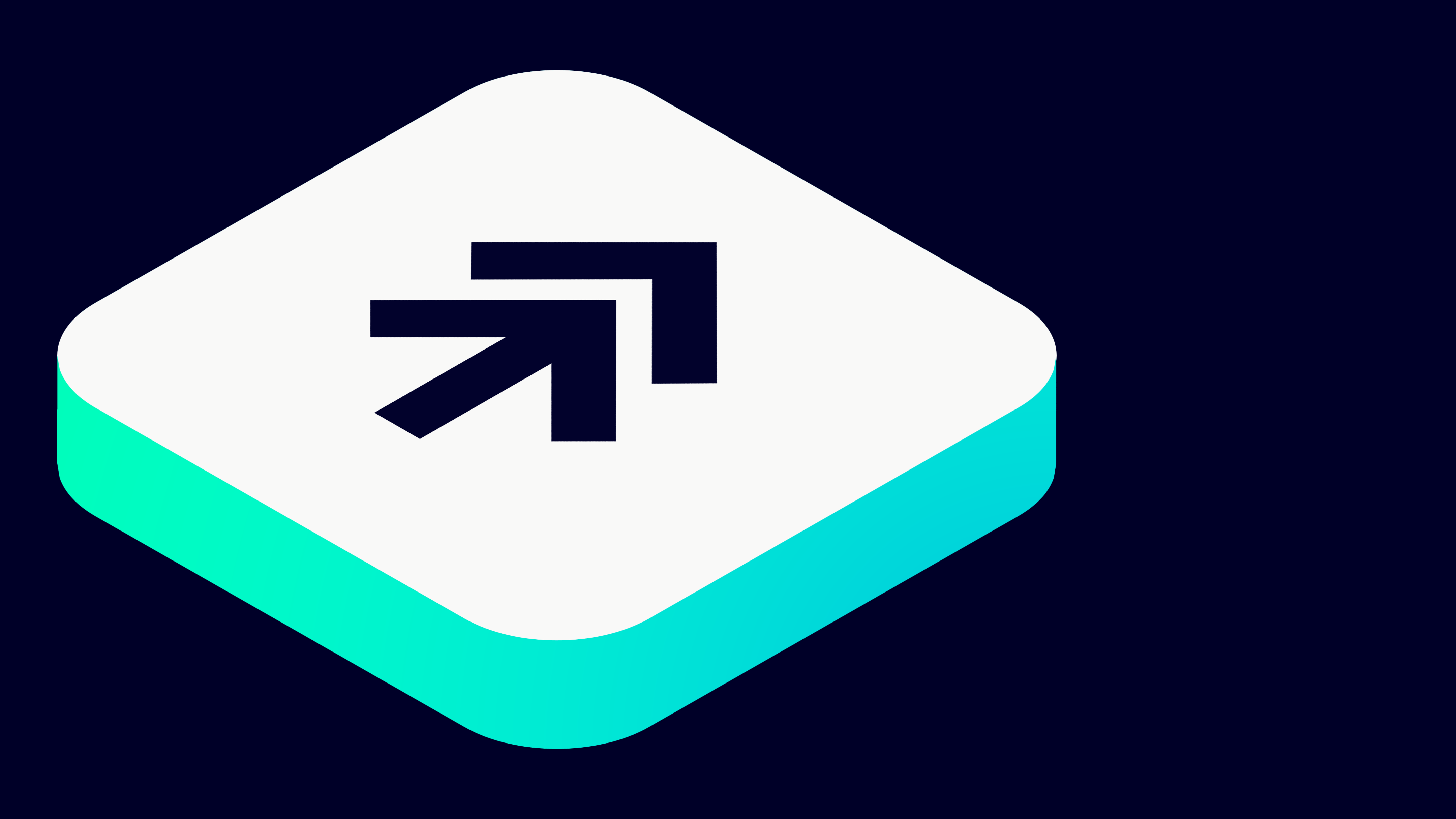 Hvid afrundet firkantet platform med blågrønne sider og et mørkt opadret-højre pilsymbol på en mørkeblå baggrund.
