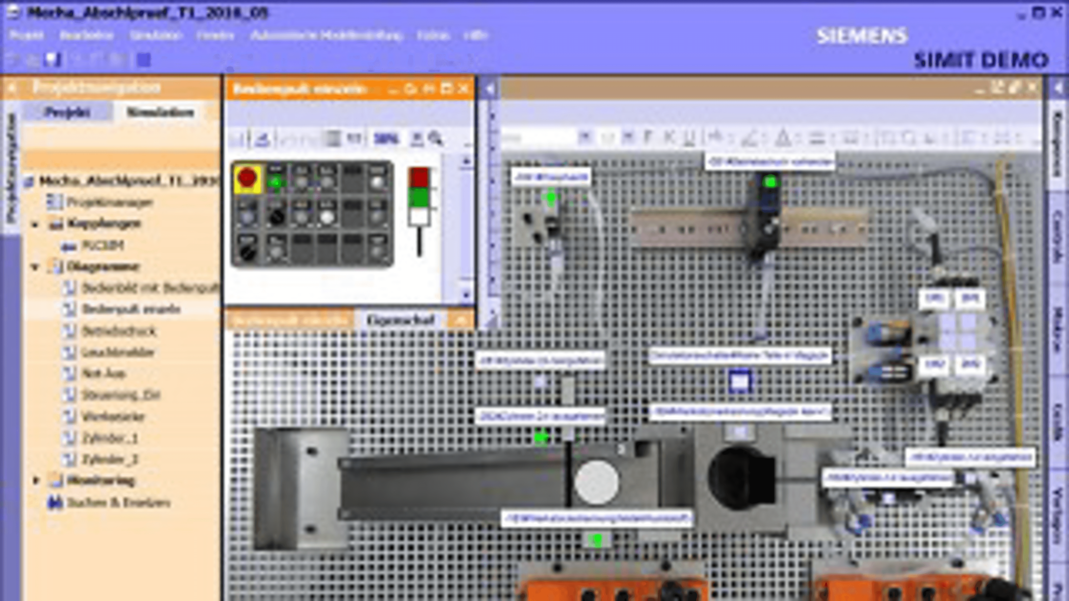 Siemens SIMIT Demo interfață software care prezintă o placă de circuit virtual cu diverse componente și un panou de control.