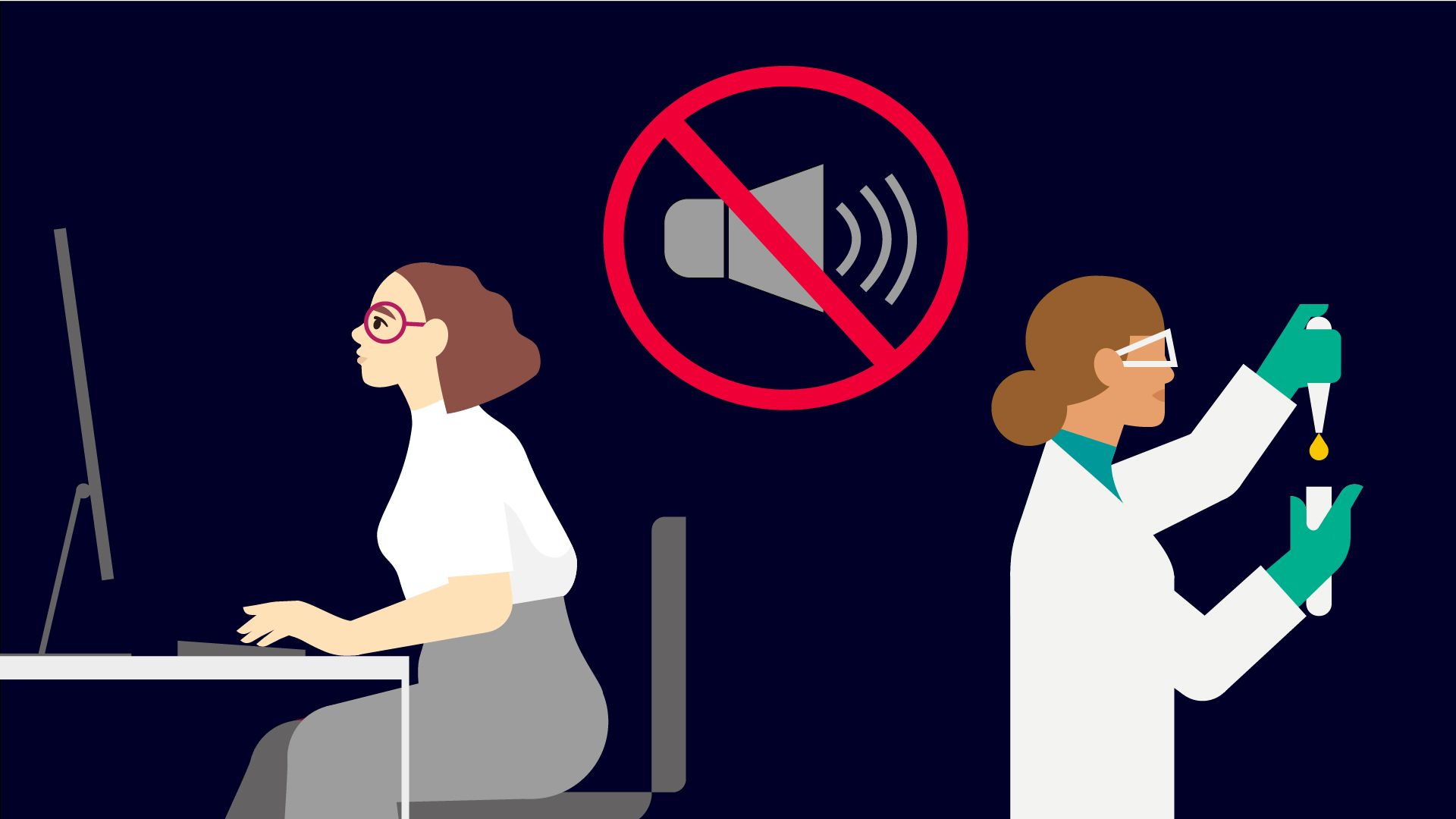 Two women in an office and lab. A crossed-out speaker indicates silent operation of SIRIUS 3RF5 solid-state switching devices