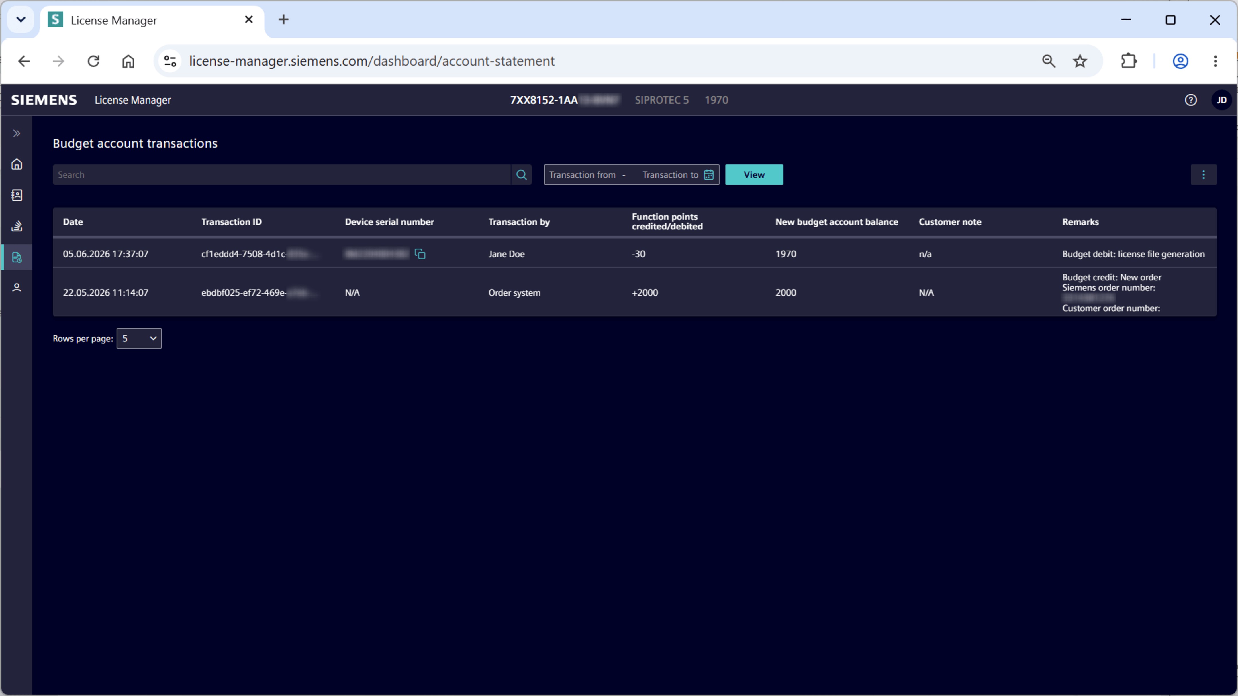 License Manager - Budget account transactions - screenshot