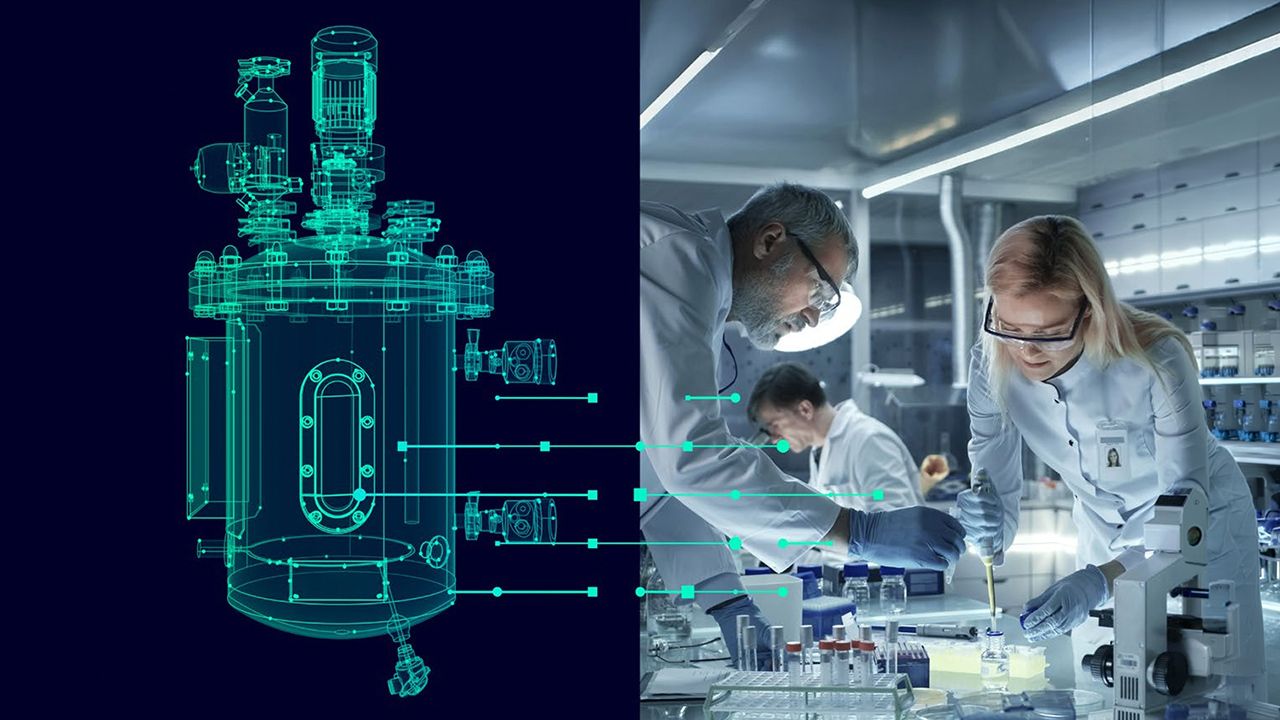 Digital blueprint of a cylindrical reactor beside researchers working with lab equipment in a modern laboratory.