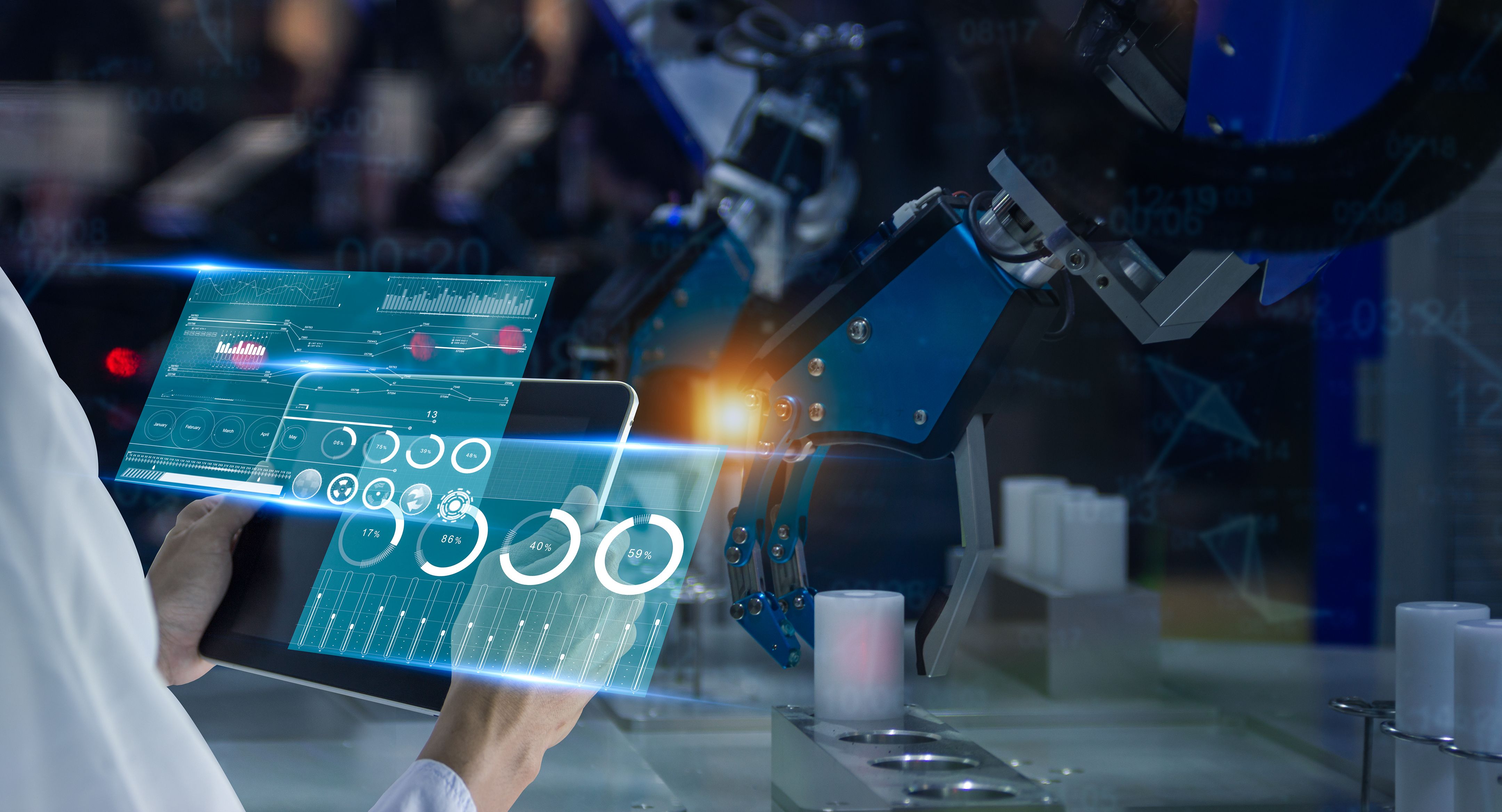 Industry 4.0 robot concept engineers use laptop computers for machine maintenance, automation tools, robot arm at the factory