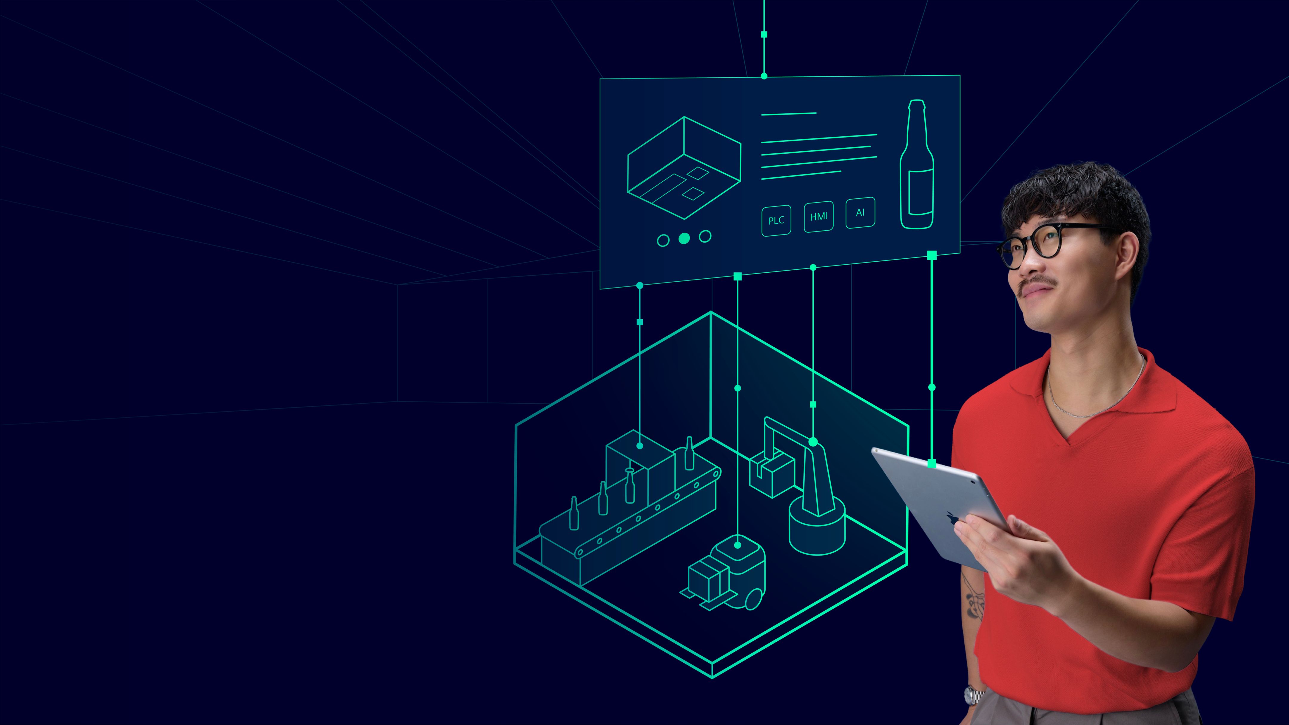 Mand i en rød skjorte, der holder en tablet ved siden af en digital plan for en industriel automatiseringsopsætning.
