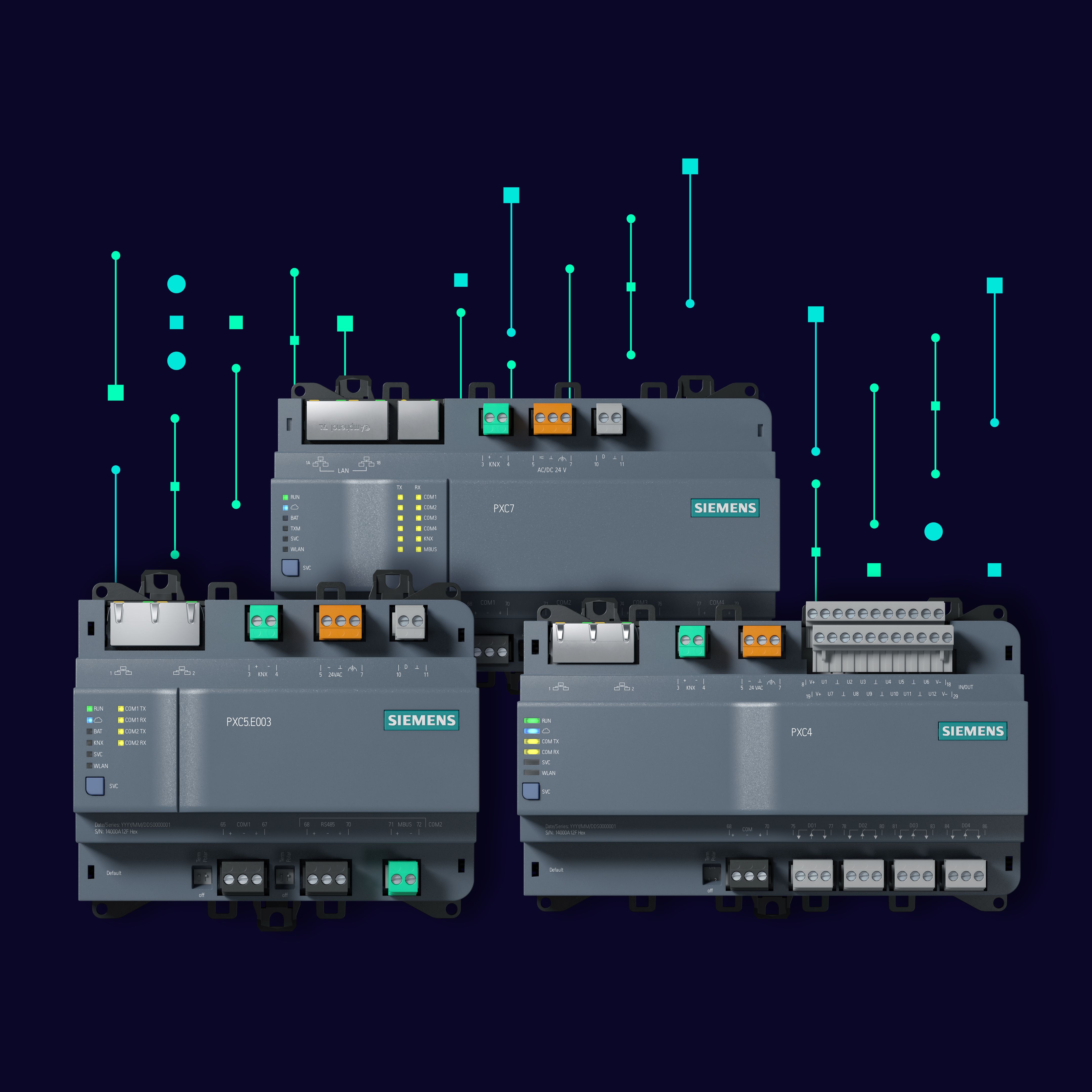 Three Siemens building automation controllers with colorful ports, connected by digital lines on a dark background.