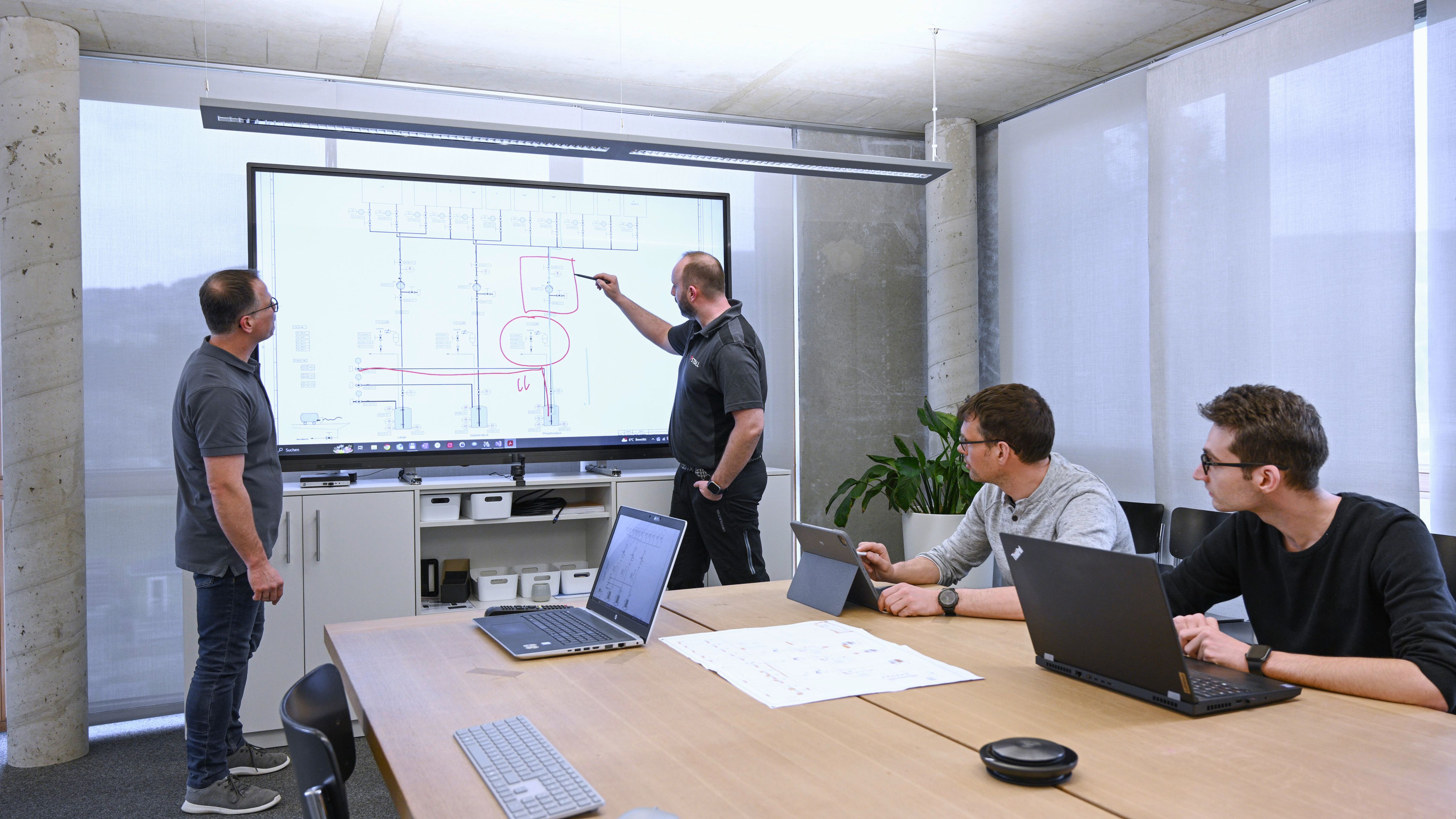 Team that handled the development of the customer-specific equipment module in a meeting room.