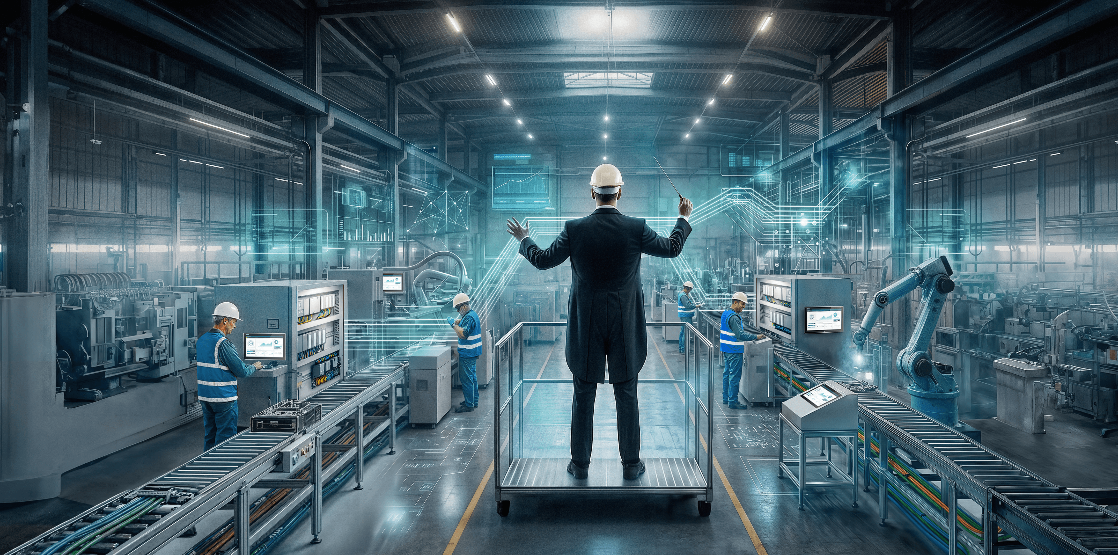Gerente industrial supervisionando uma fábrica inteligente com máquinas automatizadas, robôs e análises de produção digital.