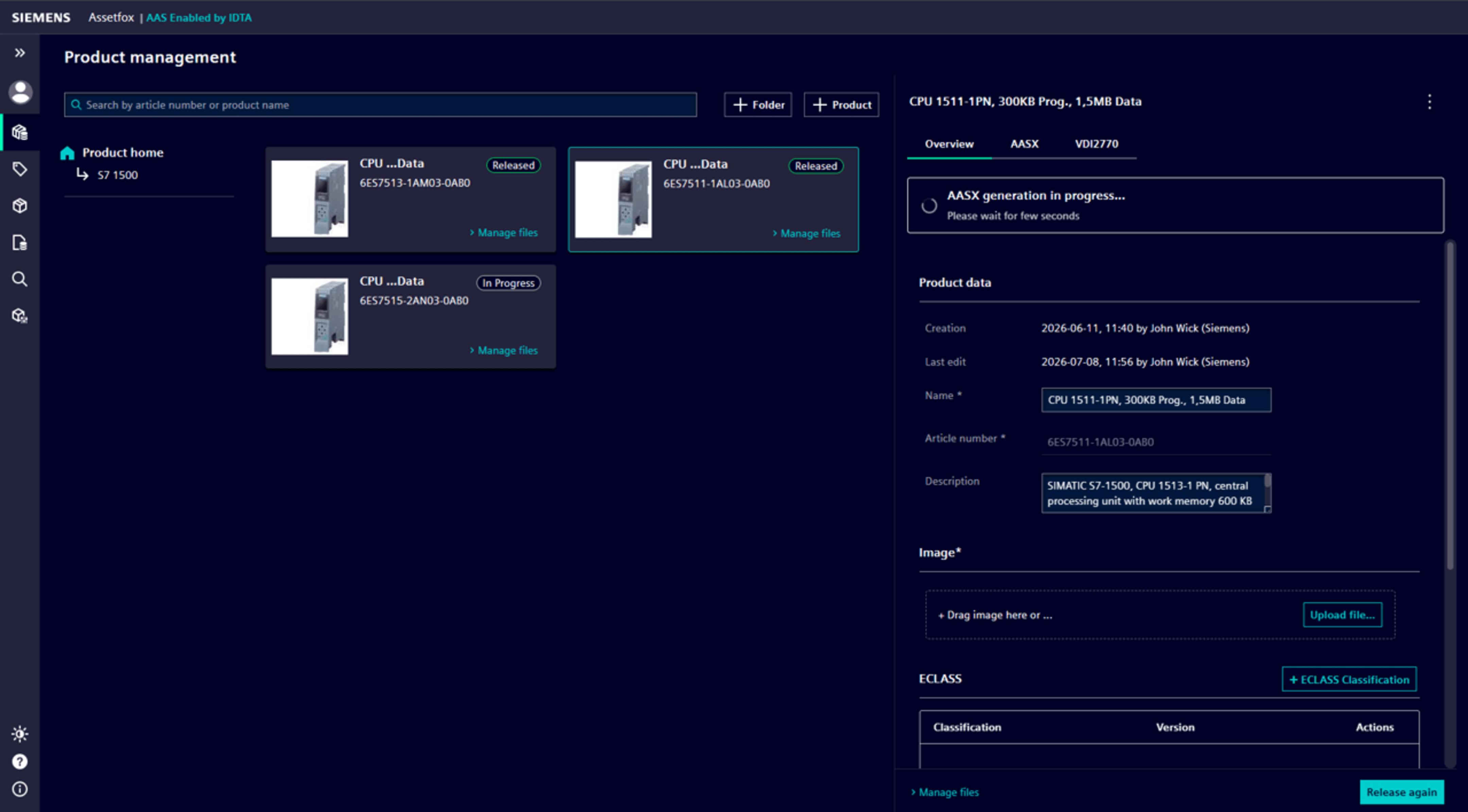 Assetfox User Interface to generate and manage the AAS packages for product types and instances.