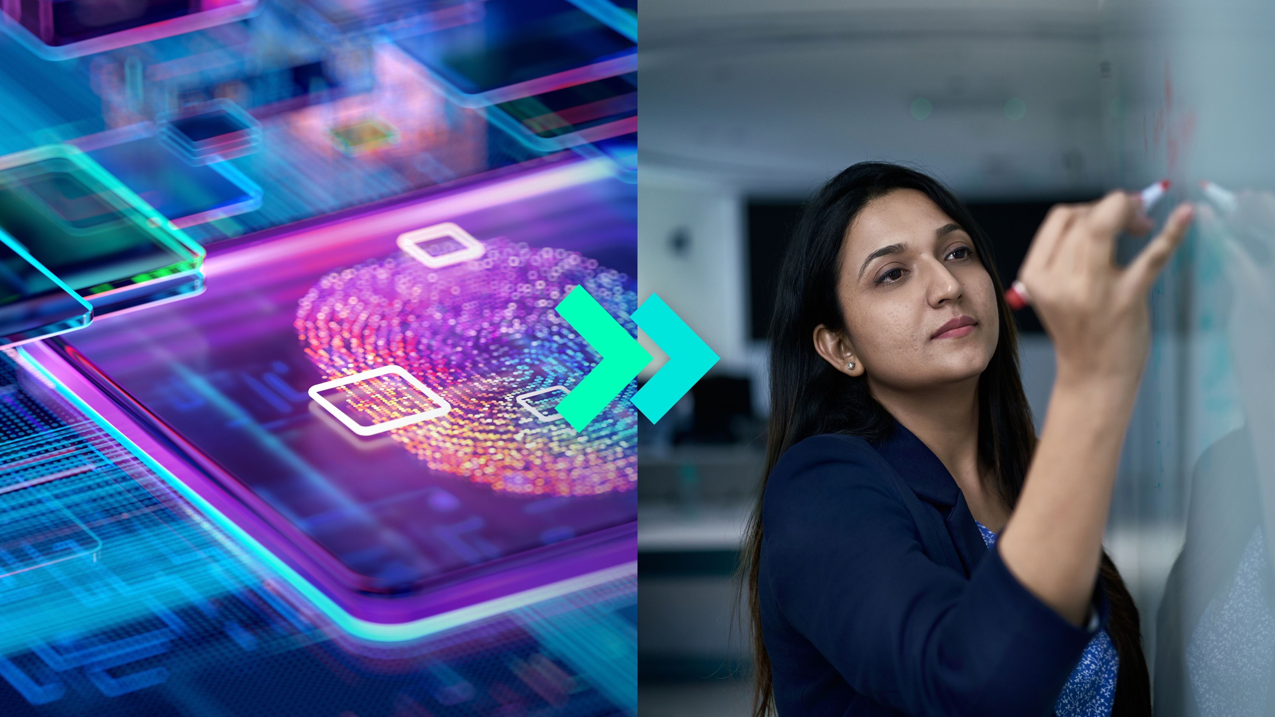 Gesplitste afbeelding van een futuristische AI-microchip aan de linkerkant en een vrouw die op een glazen whiteboard aan de rechterkant schrijft