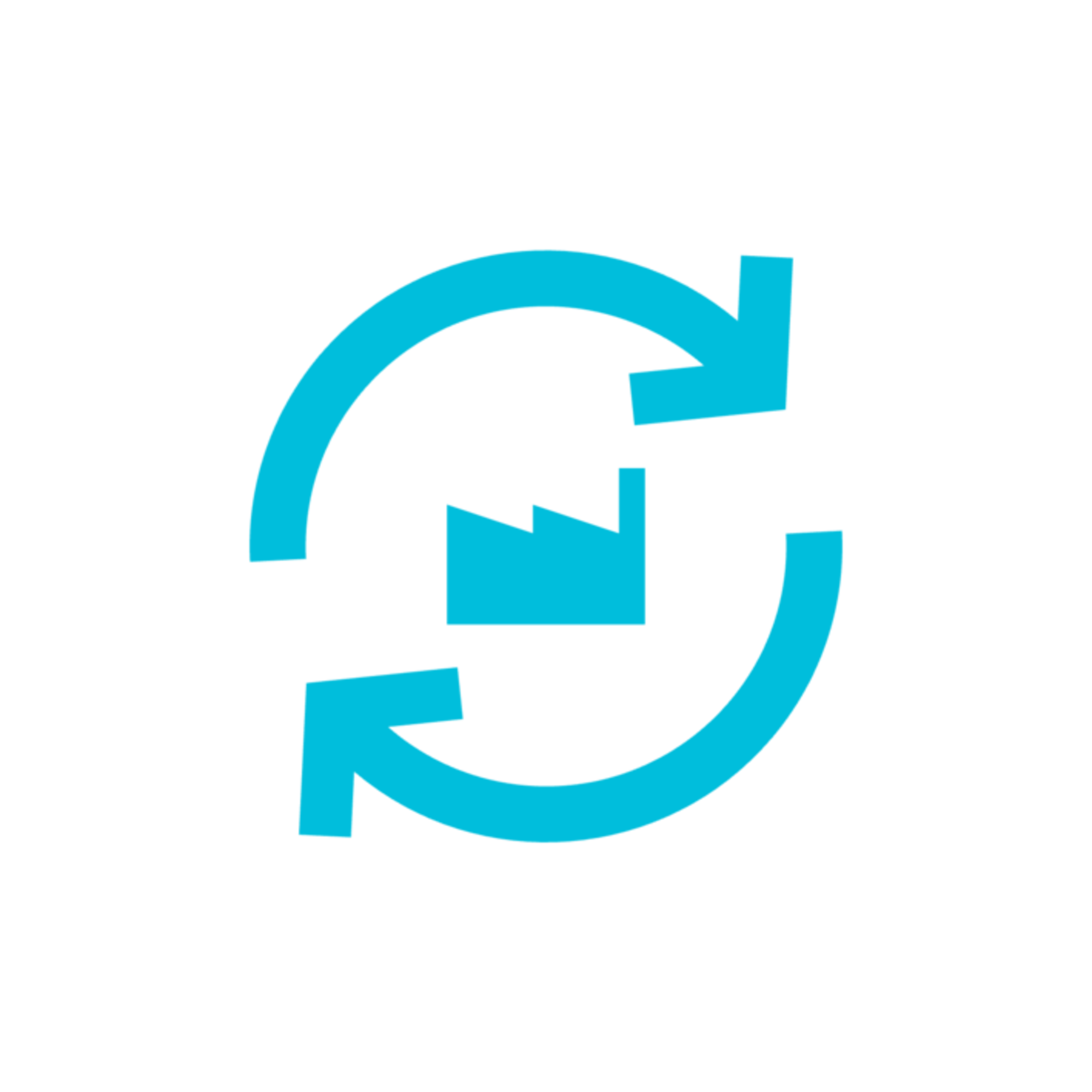 A teal-colored factory icon encircled by two arrows