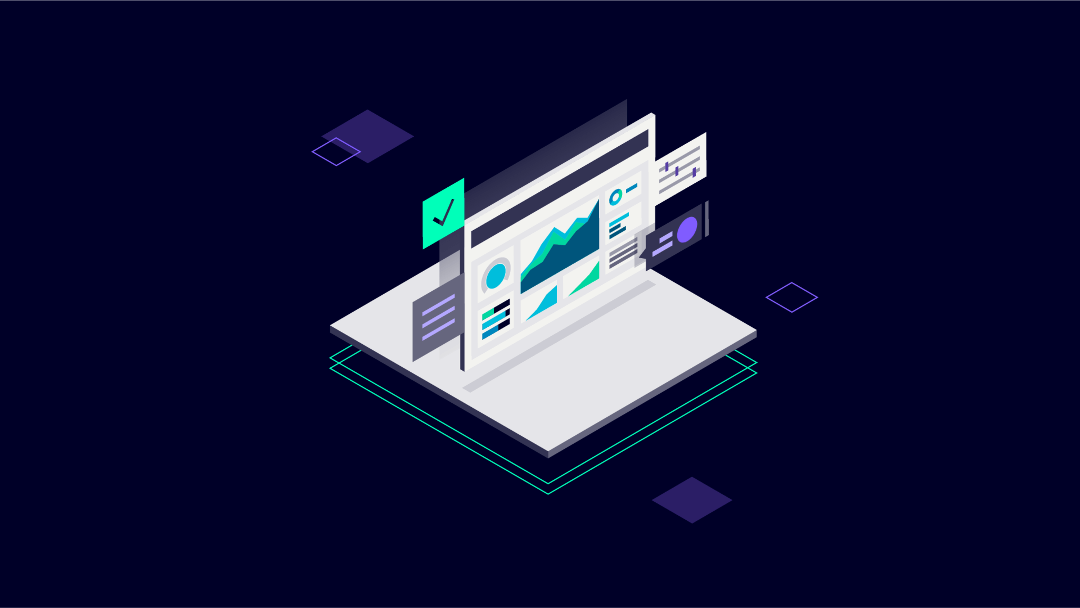 Isometric illustration of a dashboard with various charts and data visualizations, floating above a platform.