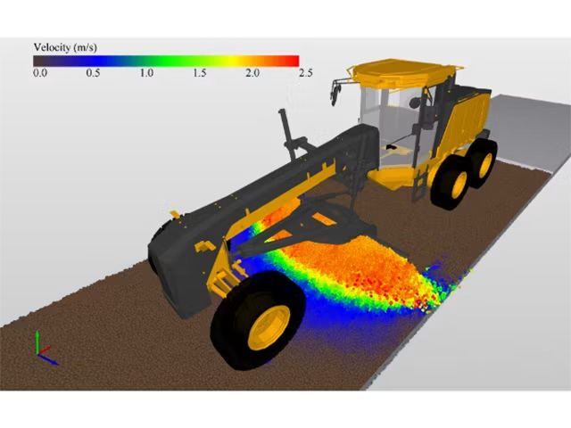 Simcenter EDEM advanced data analysis and visualization of particle velocity in a motor grader simulation.