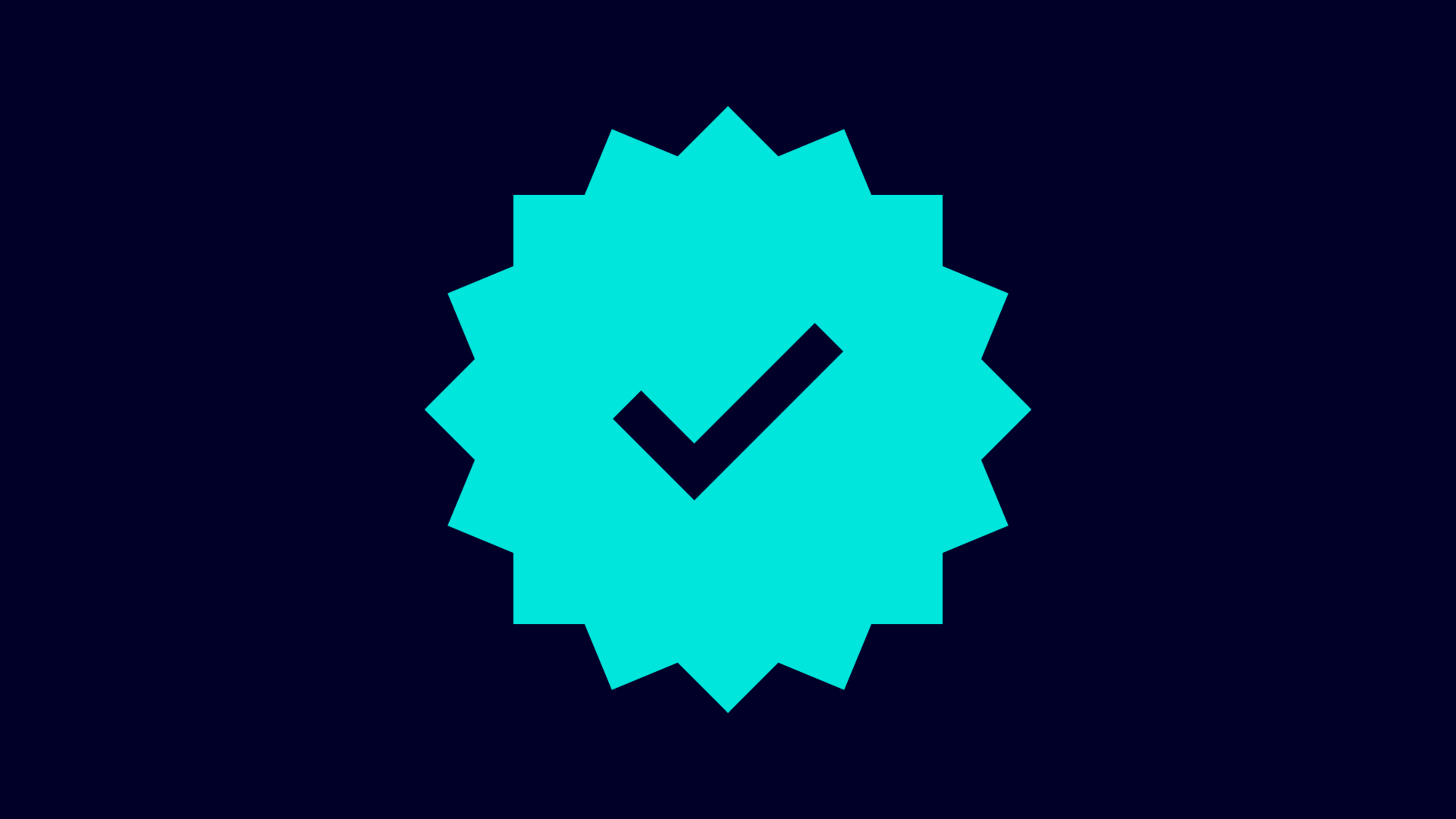 Turquoise starburst badge with a checkmark centered on a dark blue background.