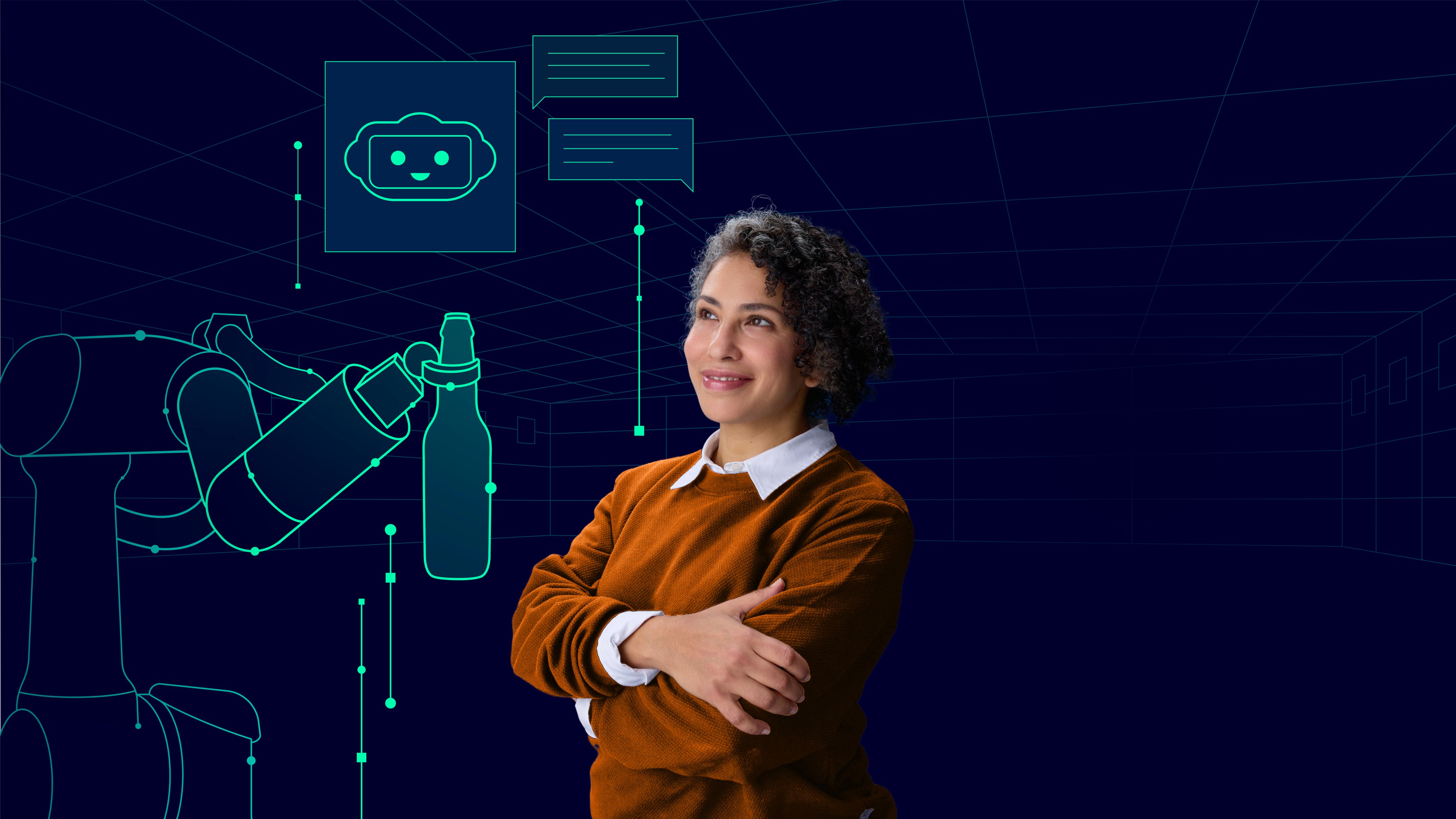Bir robotik kolun dijital taslağının yanında gülümseyen kadın, bir chatbot avatarı, ve sohbet baloncukları.