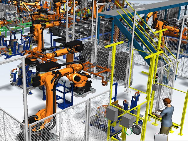 A KUKA robotkarok bekerített automatizált összeszerelővonalon működnek szállítószalagokkal, vezérlőpanelekkel és emelt lépcsőkkel, induban