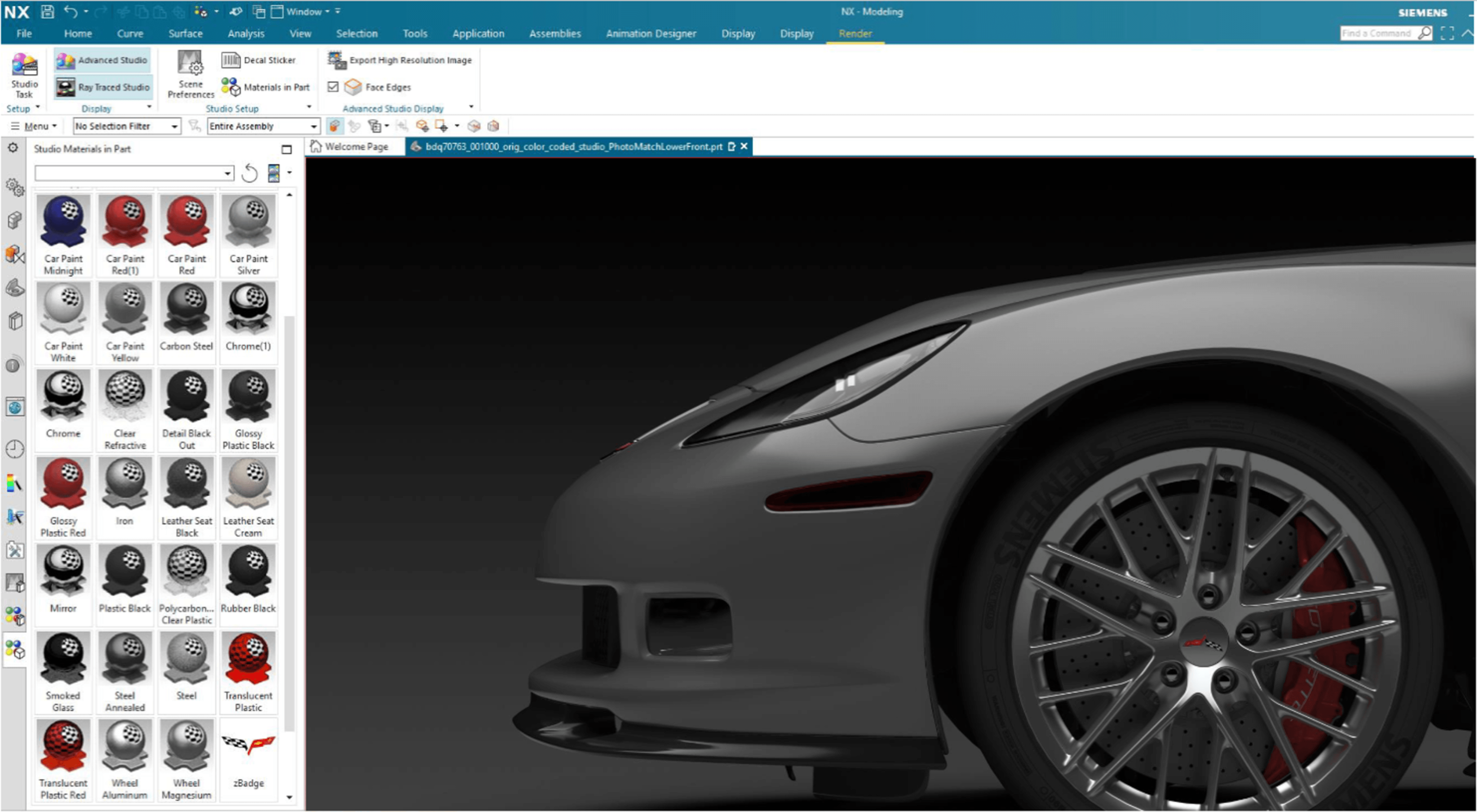 A screenshot of an older version of NX CAD software with Visual Materials open for a car design