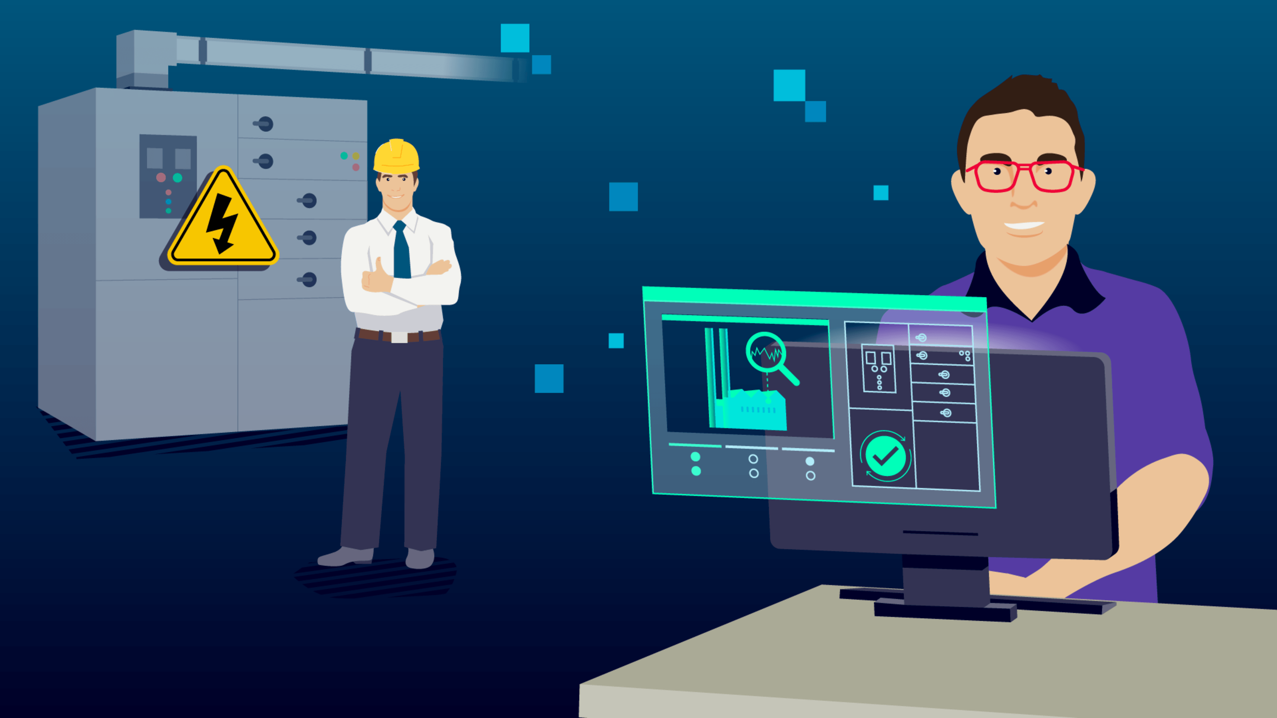 An engineer stands by an electrical panel, while another monitors a digital interface with data analysis and system controls.
