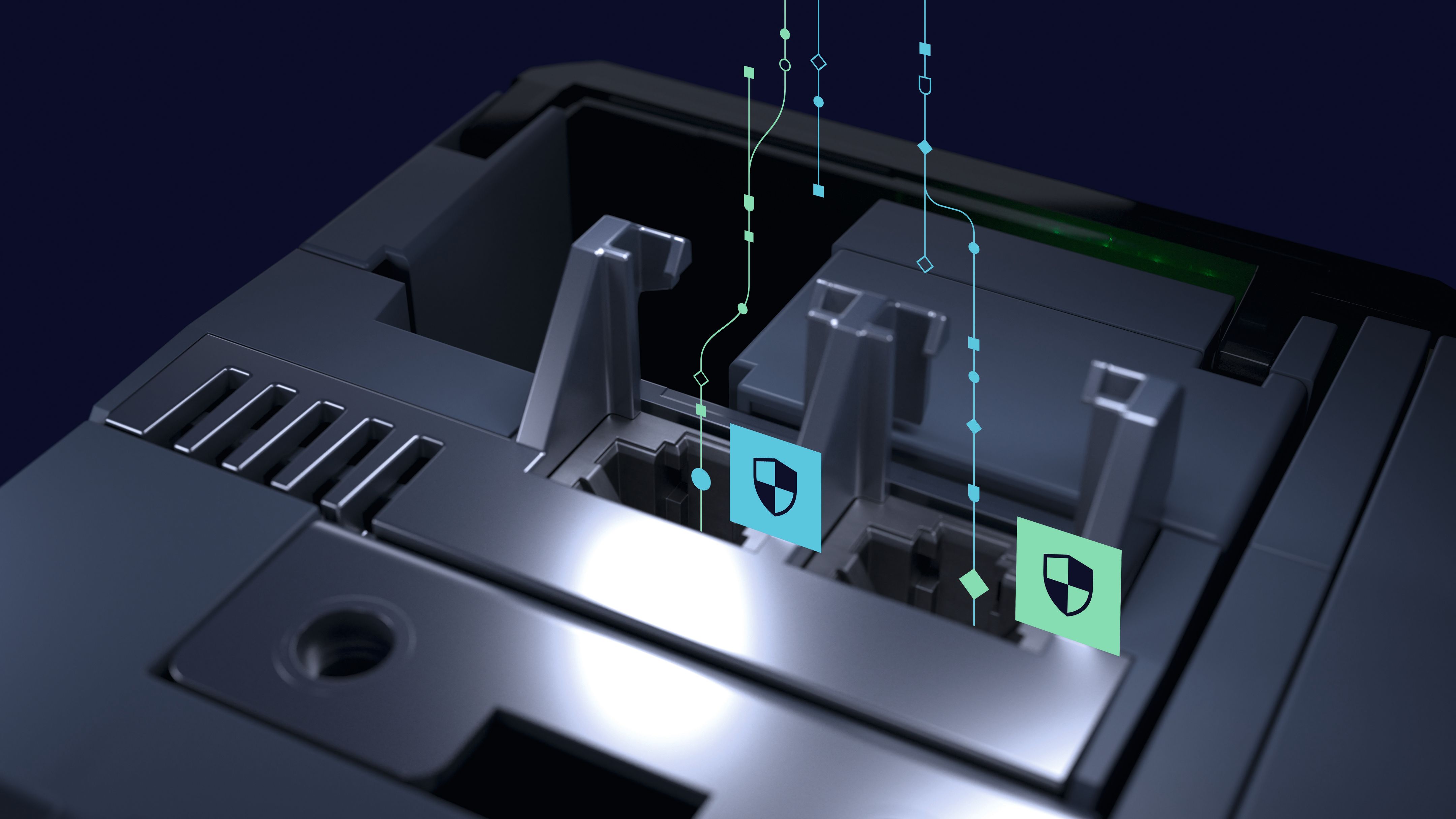 Close-up of an industrial Ethernet port housing with metallic connectors, overlaid with glowing circuit lines and shield symbols.