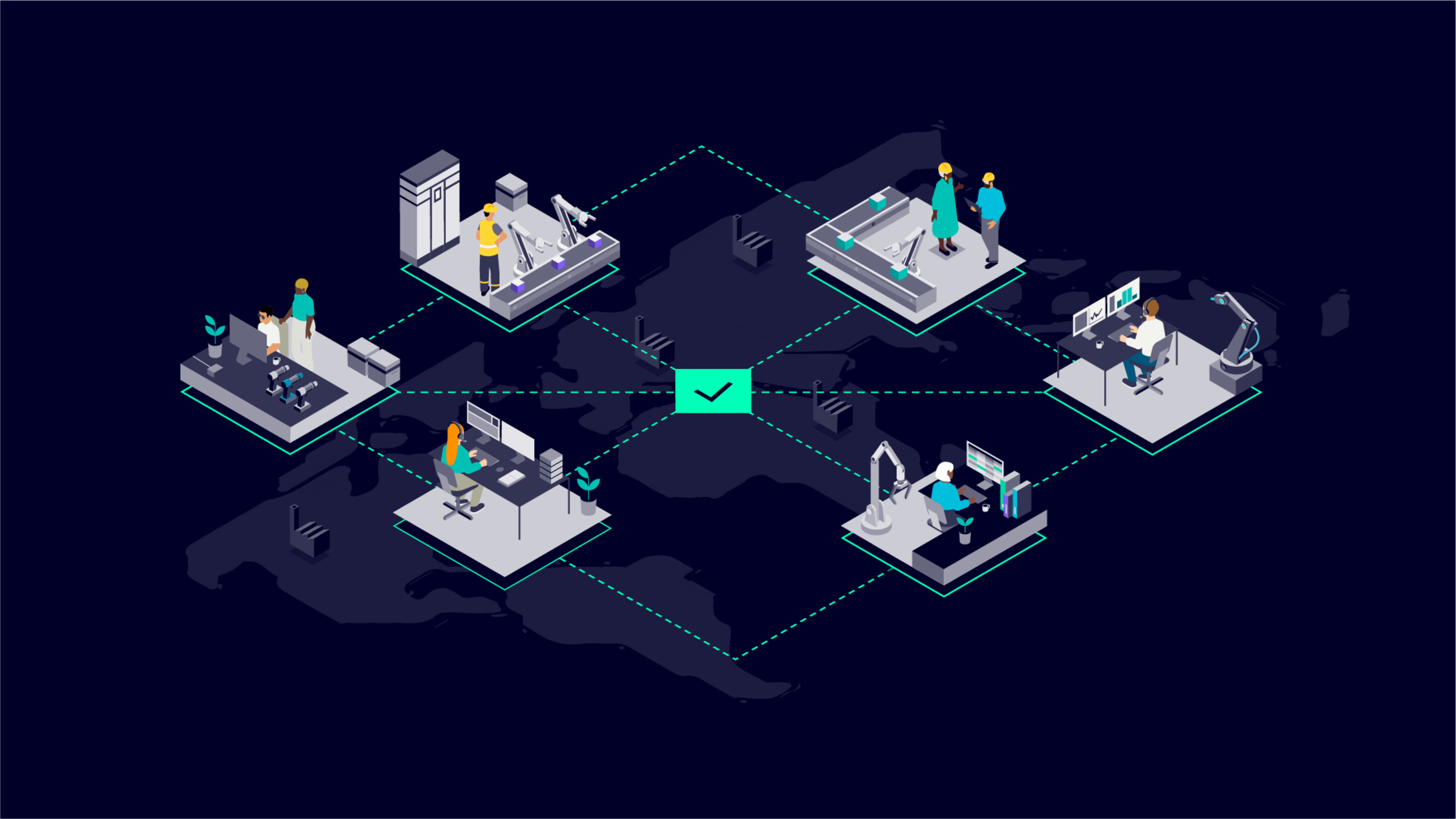 Isometric illustration of a global network connecting various industrial and office settings with people and robots.