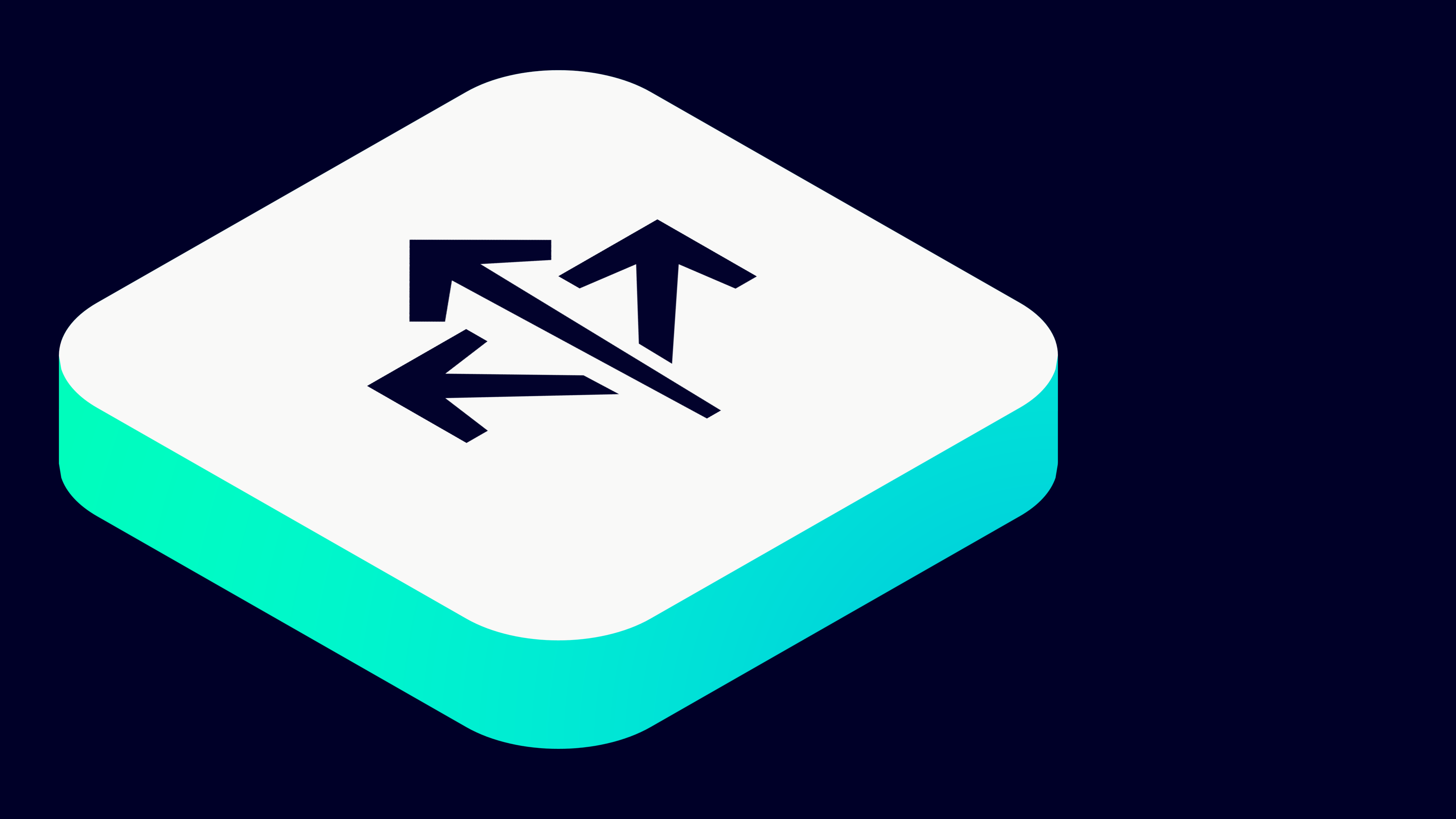 Hvid afrundet firkantet platform med blågrønne sider og mørke pile, der peger i flere retninger på en mørkeblå baggrund.
