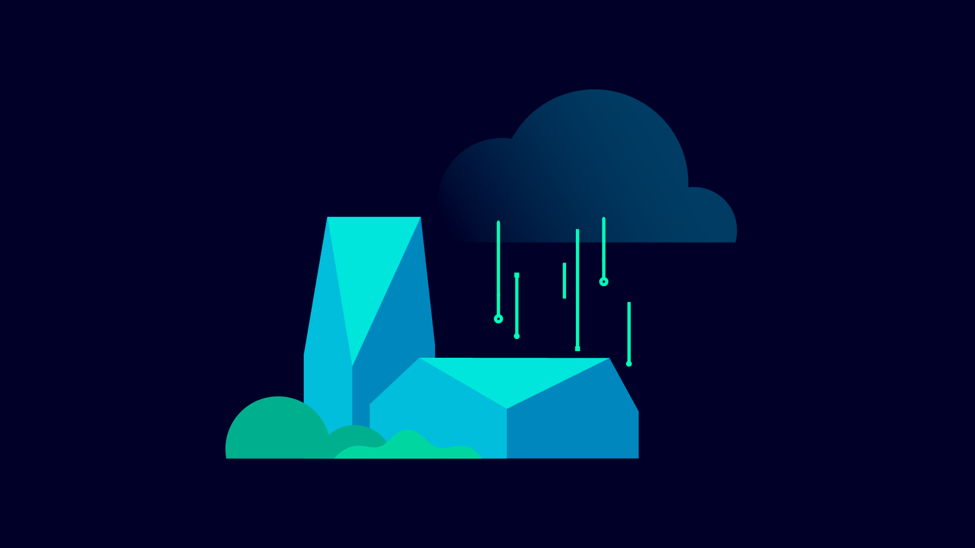Illustration of a building connected to a cloud via data streams