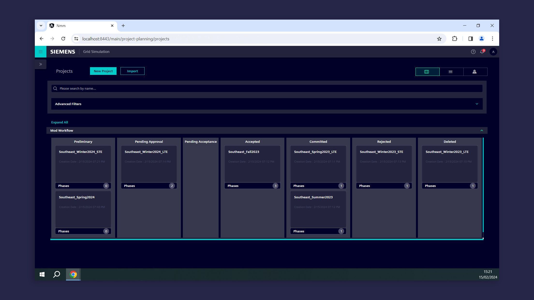 Network Model Manager: Project Handling (Screenshot)