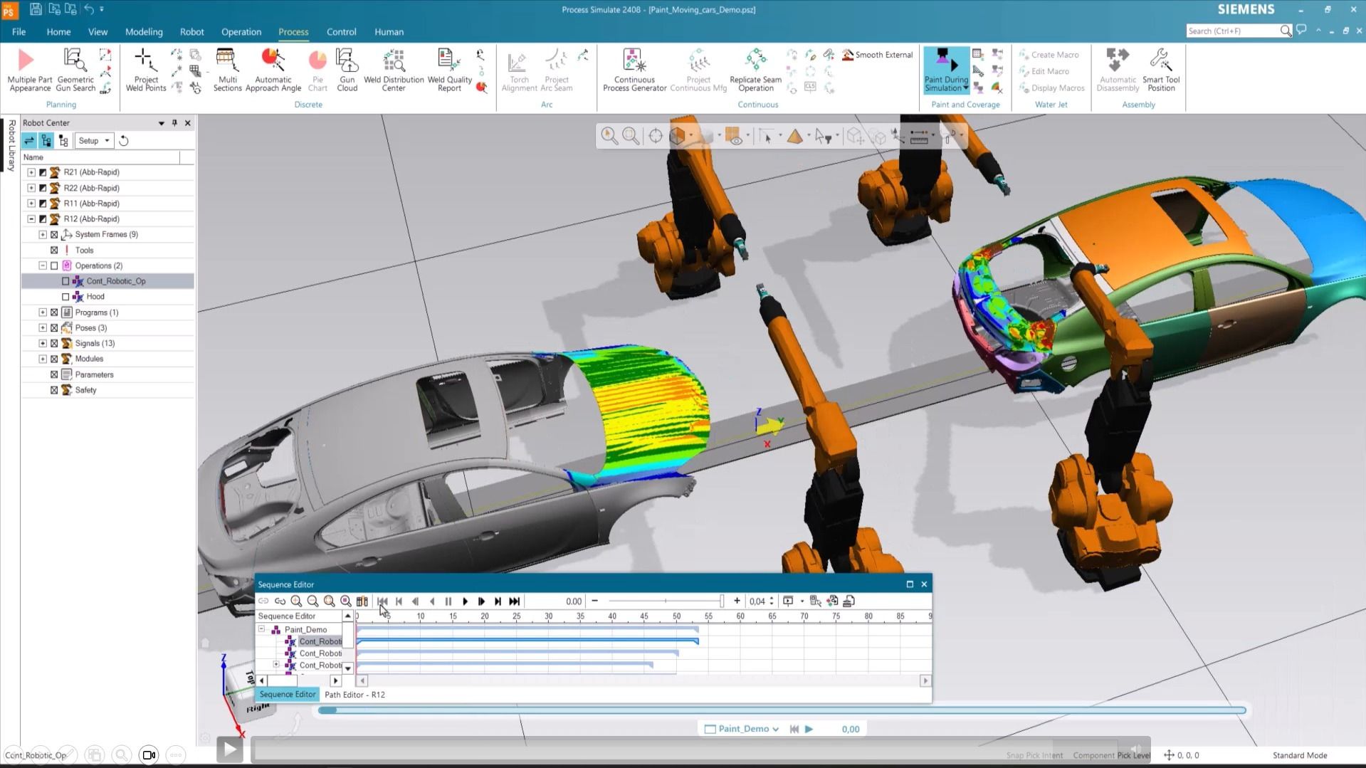 Siemens Process Simulate interfész, amely robotkarokat festő karosszériákat mutatja, többszínű hőtérképpel és idővonalszerkesztővel