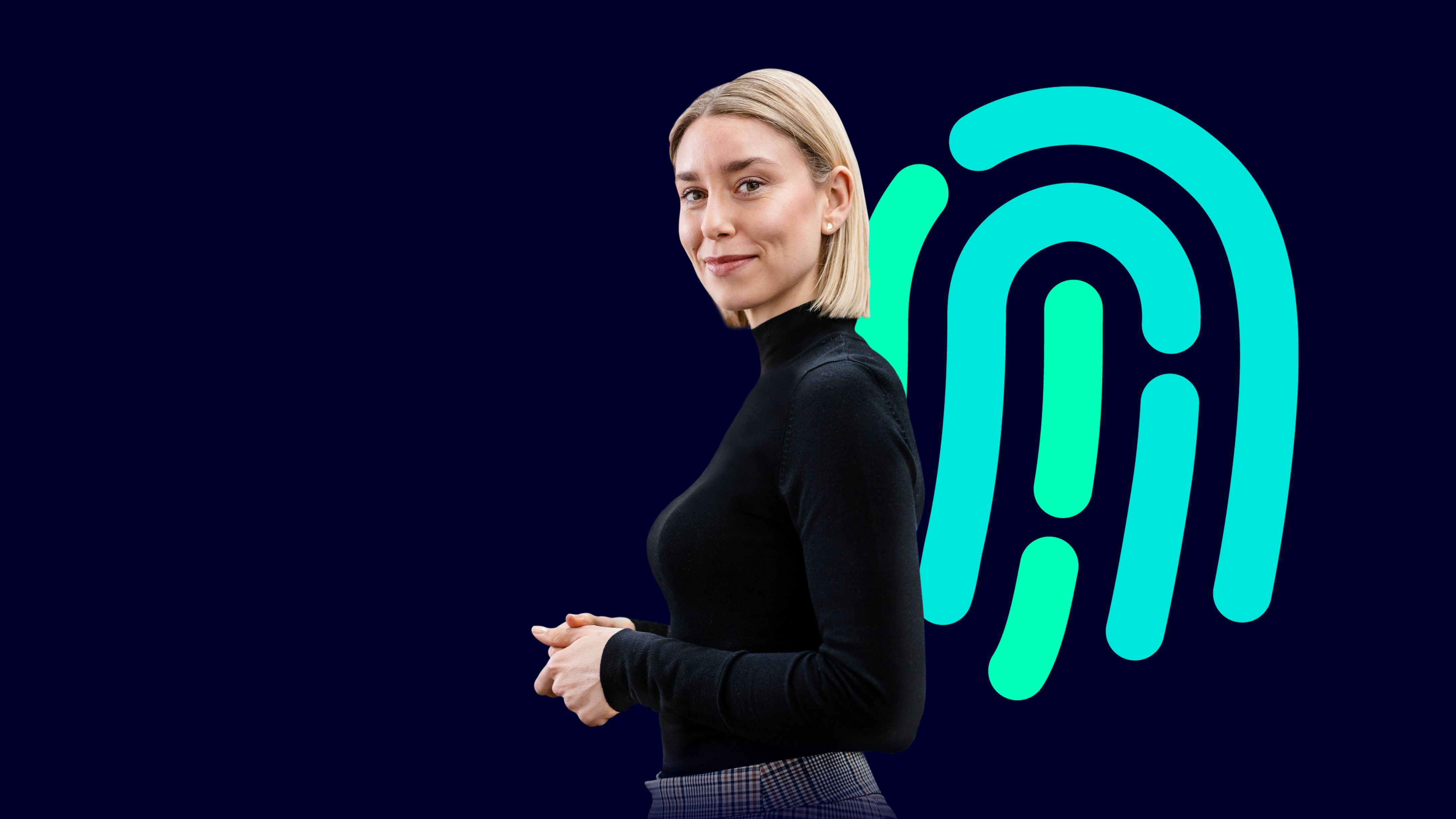 a blonde woman in front of a digitalized thumbprint