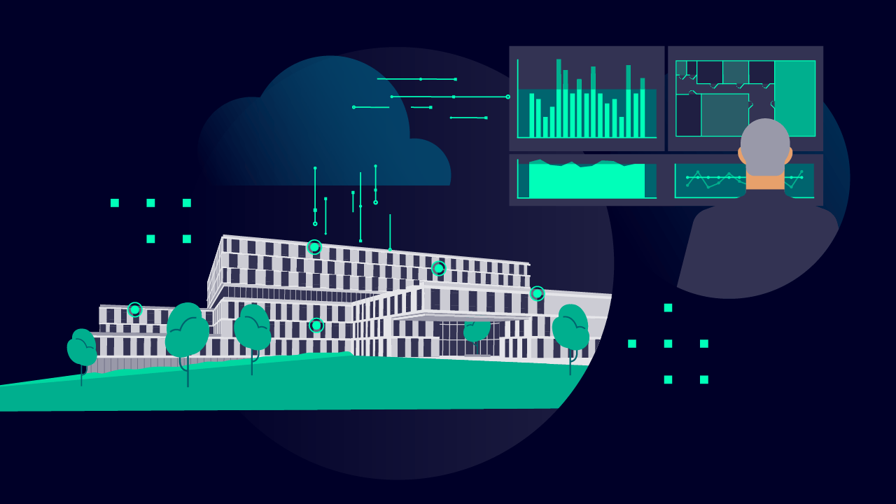 Hospital campus connected to cloud data systems, with analytics dashboards and seated monitor operator.