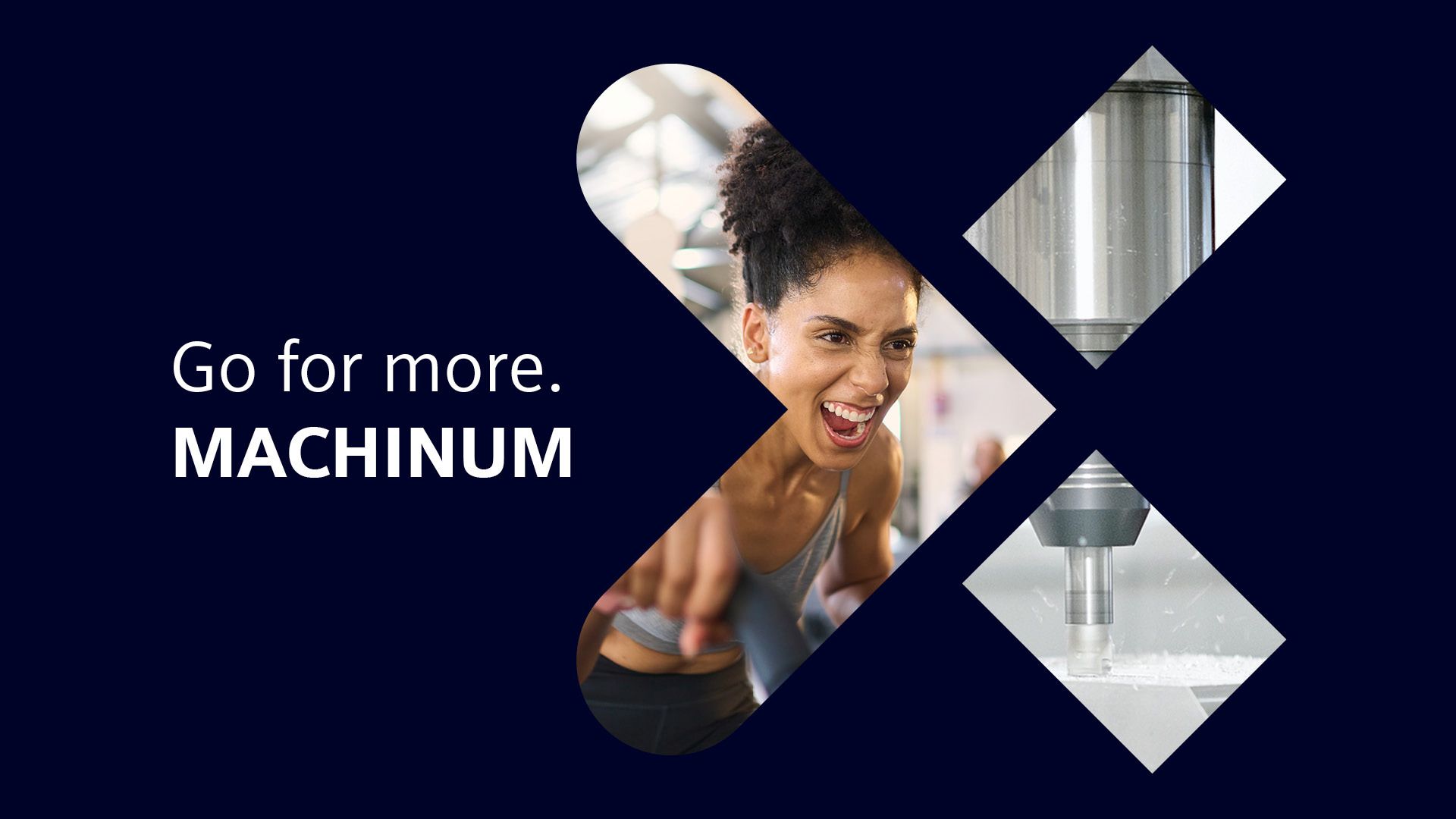 Siemens Xcelerator X-shaped logo on a dark blue background, filled with images of a woman exercising and a CNC machining tool