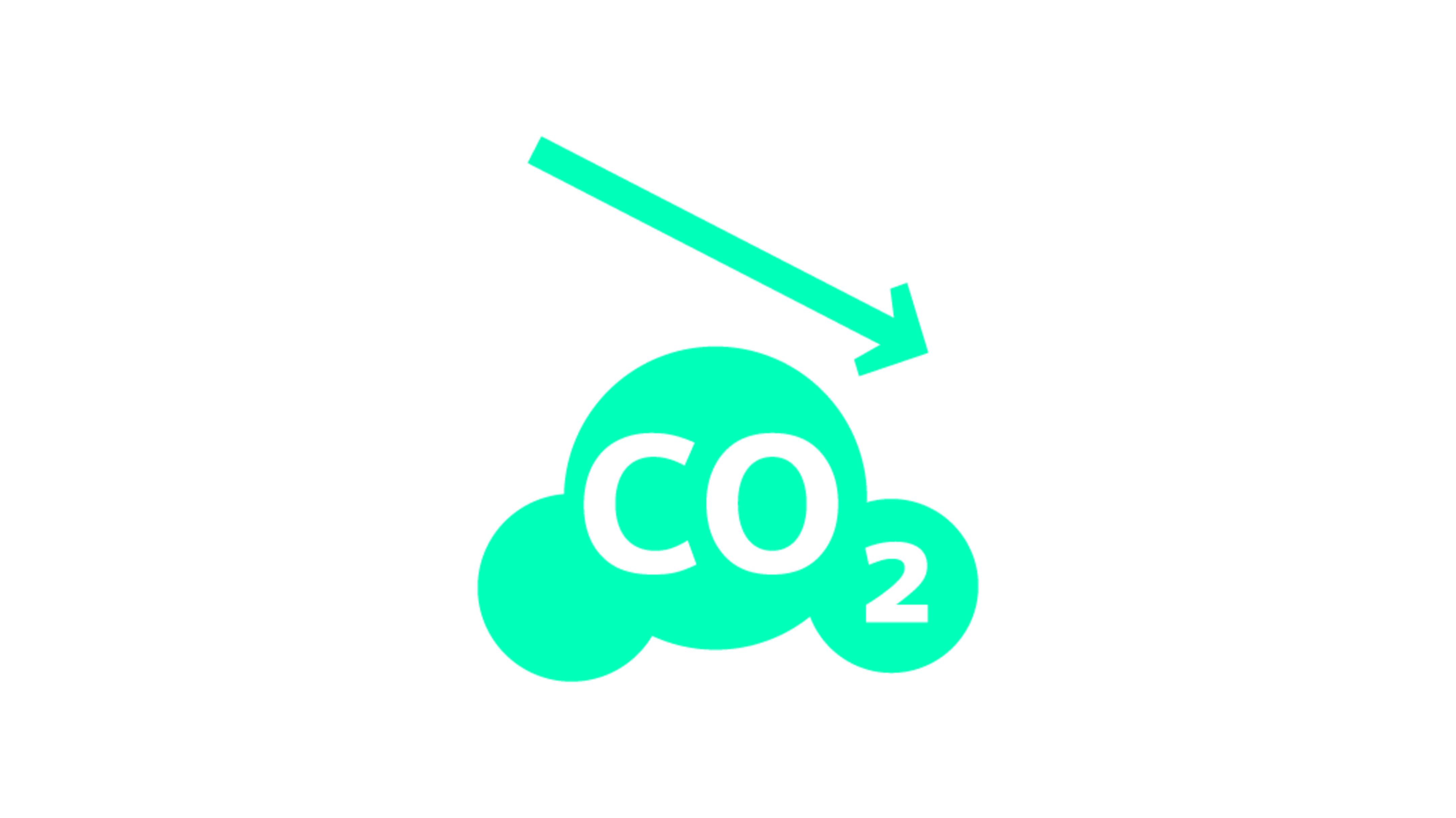 Et turkis CO2-molekyl med en nedoverpekende pil som indikerer en reduksjon eller fangst av karbondioksid.