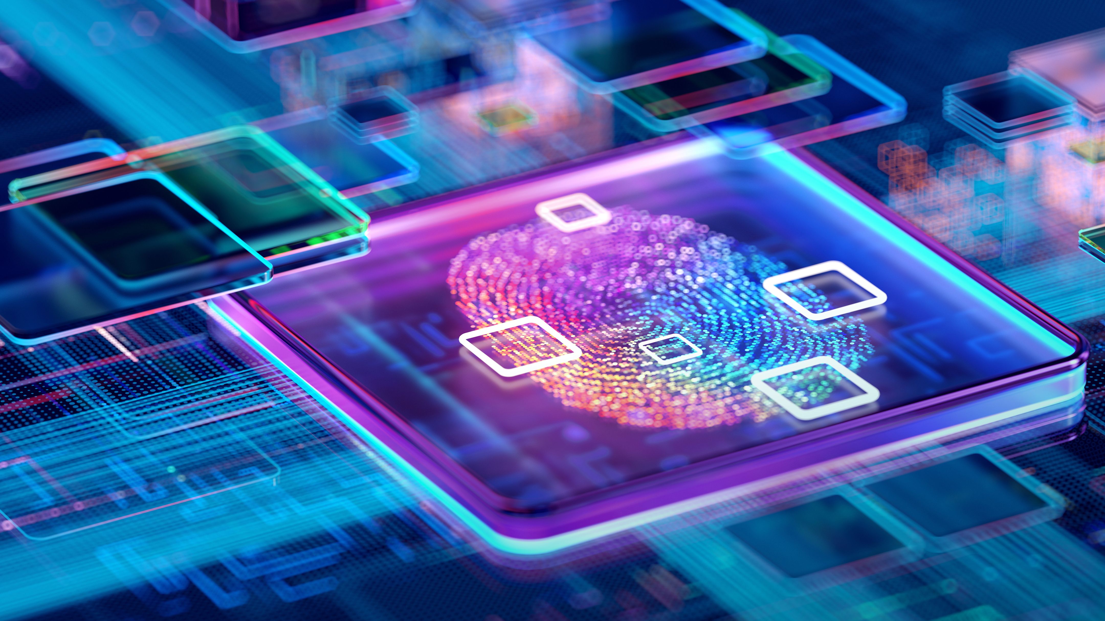 Futuristische microchip met een gloeiend brein van kunstmatige intelligentie op een blauwe digitale printplaat