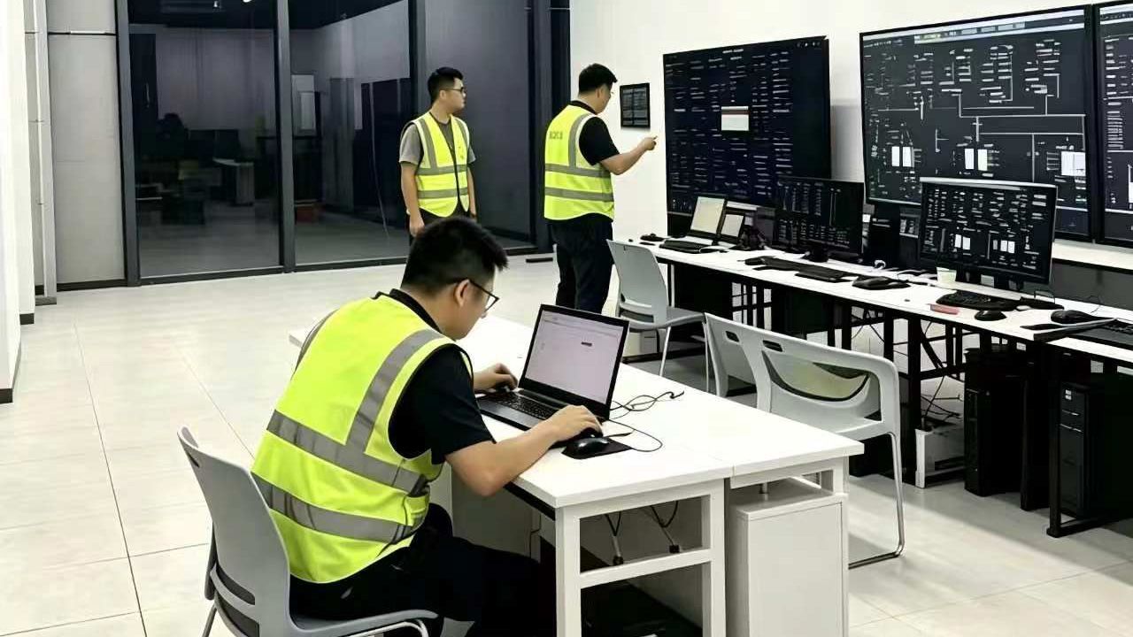 Inženýři v bezpečnostních vestách pracují na notebookech a monitorují obrazovky systému v řídicí místnosti.
