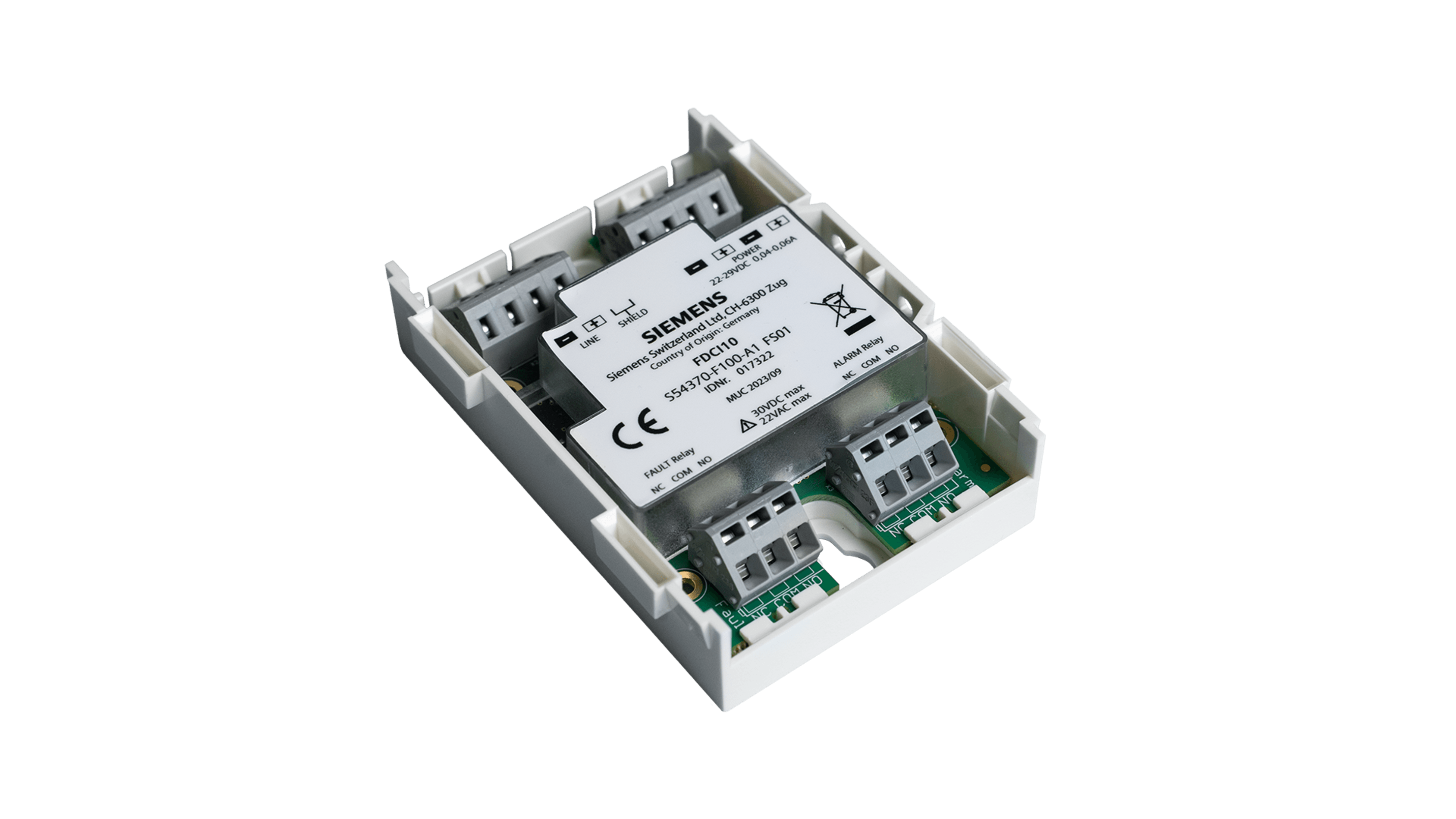 A Siemens FDC110 alarm relay module, with visible wiring terminals and product details on its label, ready for installation.
