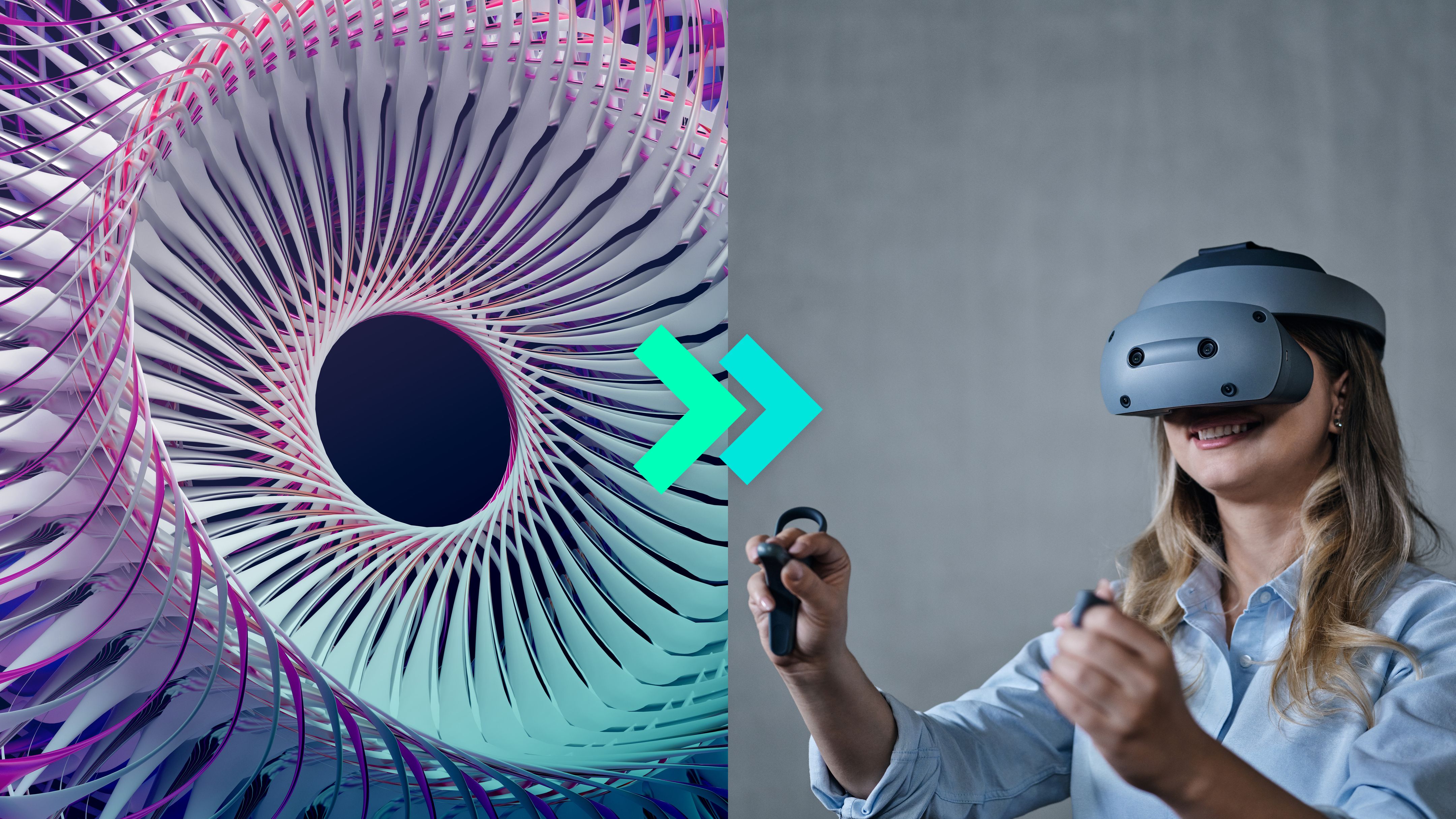 Een gesplitste afbeelding met een kleurrijk abstract 3D-spiraalontwerp en een vrouw die een VR-headset draagt en bewegingscontrollers vasthoudt
