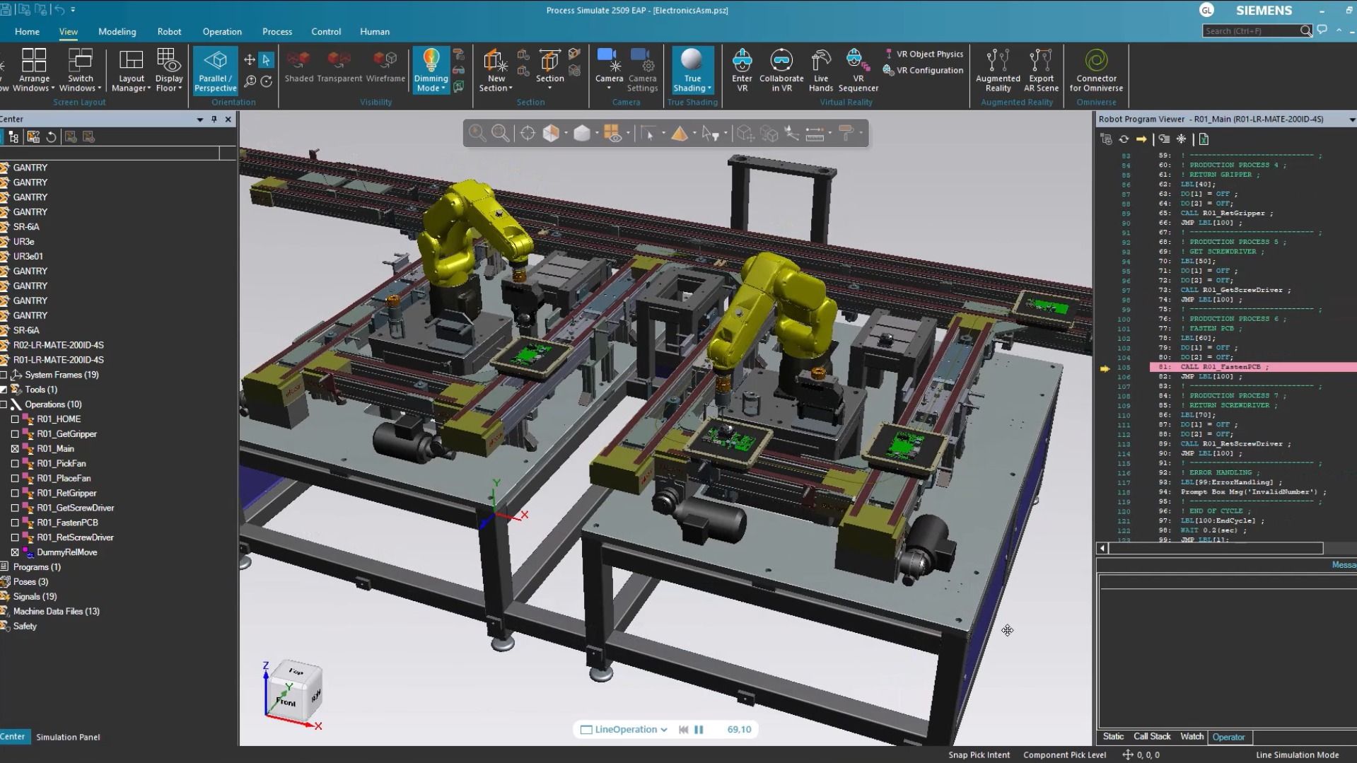 Two yellow robotic arms on assembly rigs in Siemens Process Simulate interface, with code panel and tools visible at top.