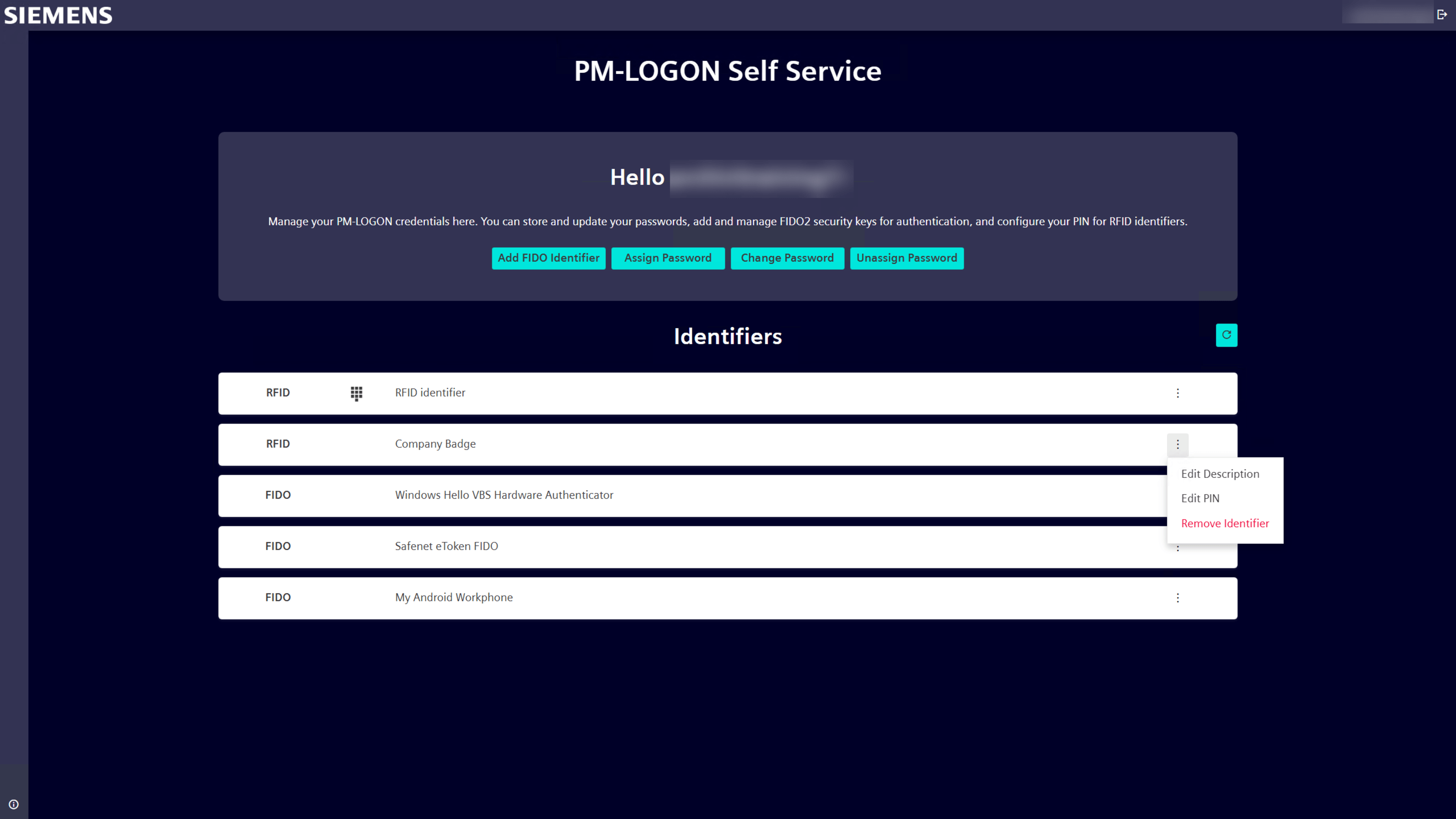 Изображението показва портала за самообслужване PM‑LOGON. За потребителя са конфигурирани различни опции за влизане в RFID.