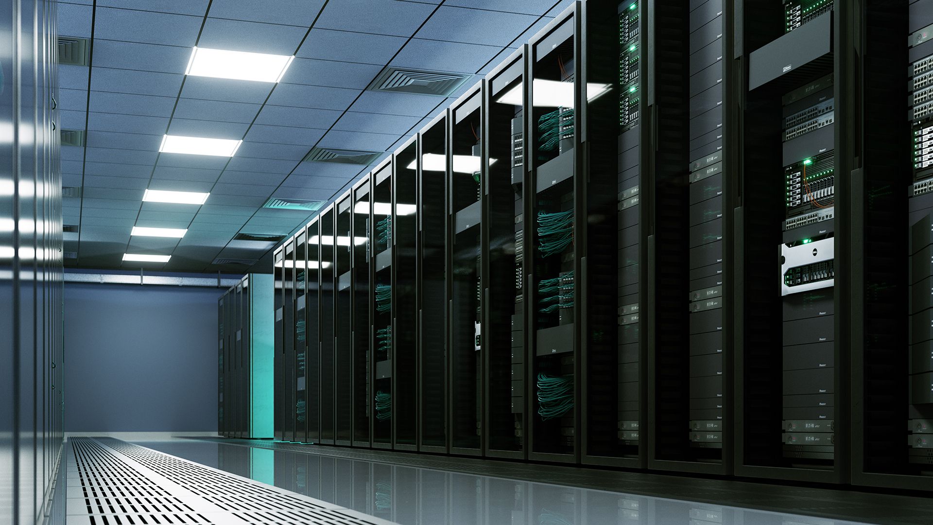 Server racks in a white space of a data center.