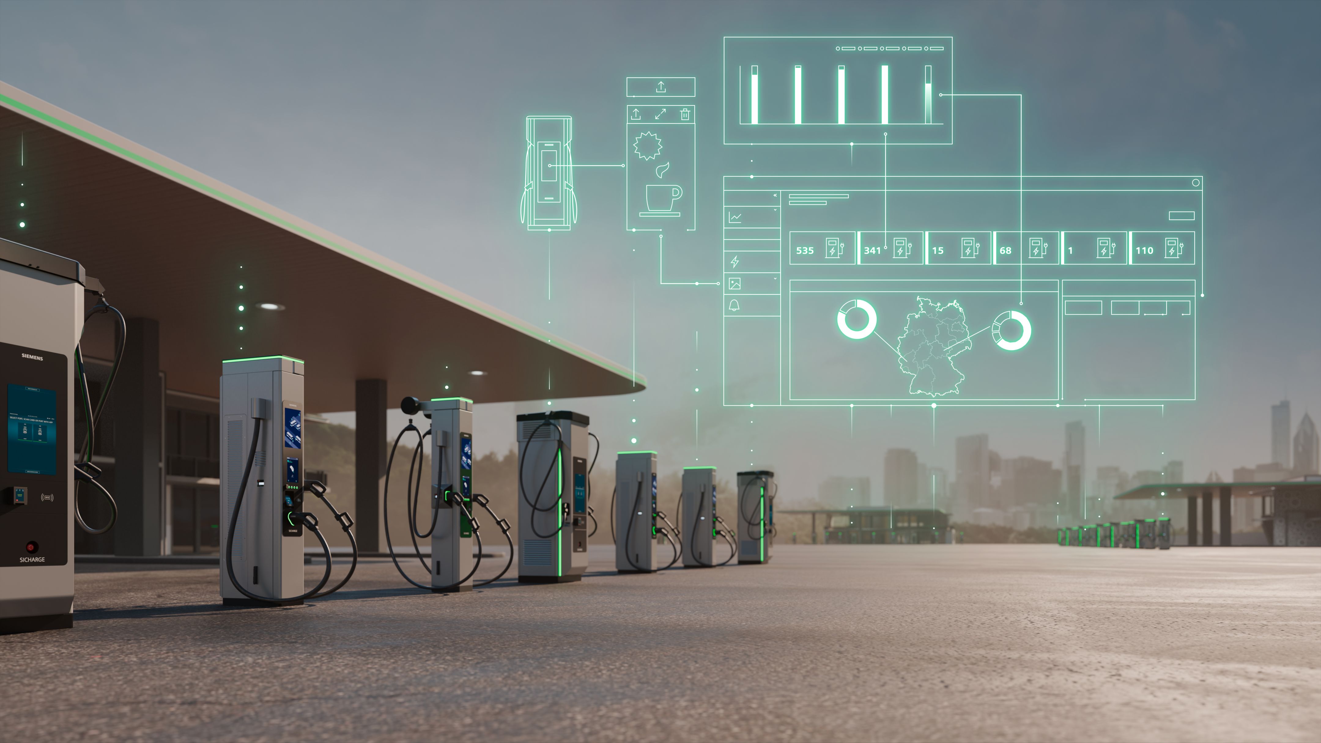 Elektrikli araç şarj istasyonlarının yer aldığı modern bir enerji alanında, dijital kontrol paneli ve veri görselleştirmeleriyle akıllı şarj yönetimini simgeleyen teknolojik bir sahne.