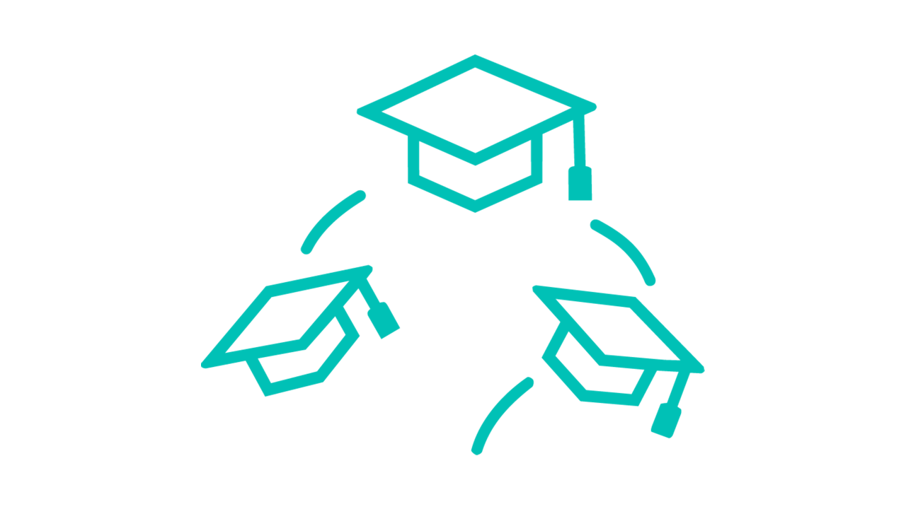Icon of three graduation hats thrown in the air in Siemens petrol