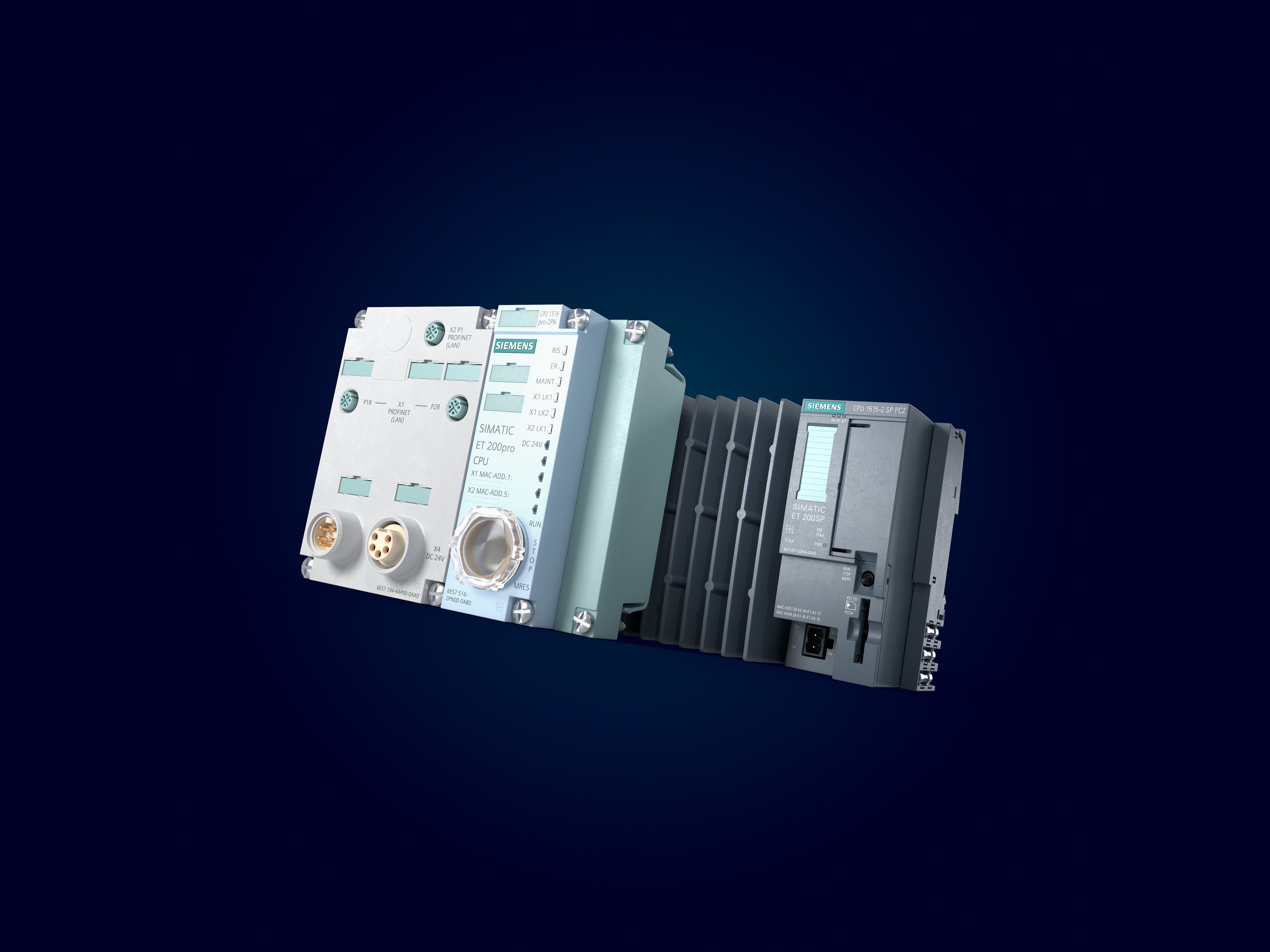 Siemens SIMATIC ET 200SP разпределен контролер и модул за автоматизация на тъмно син фон.