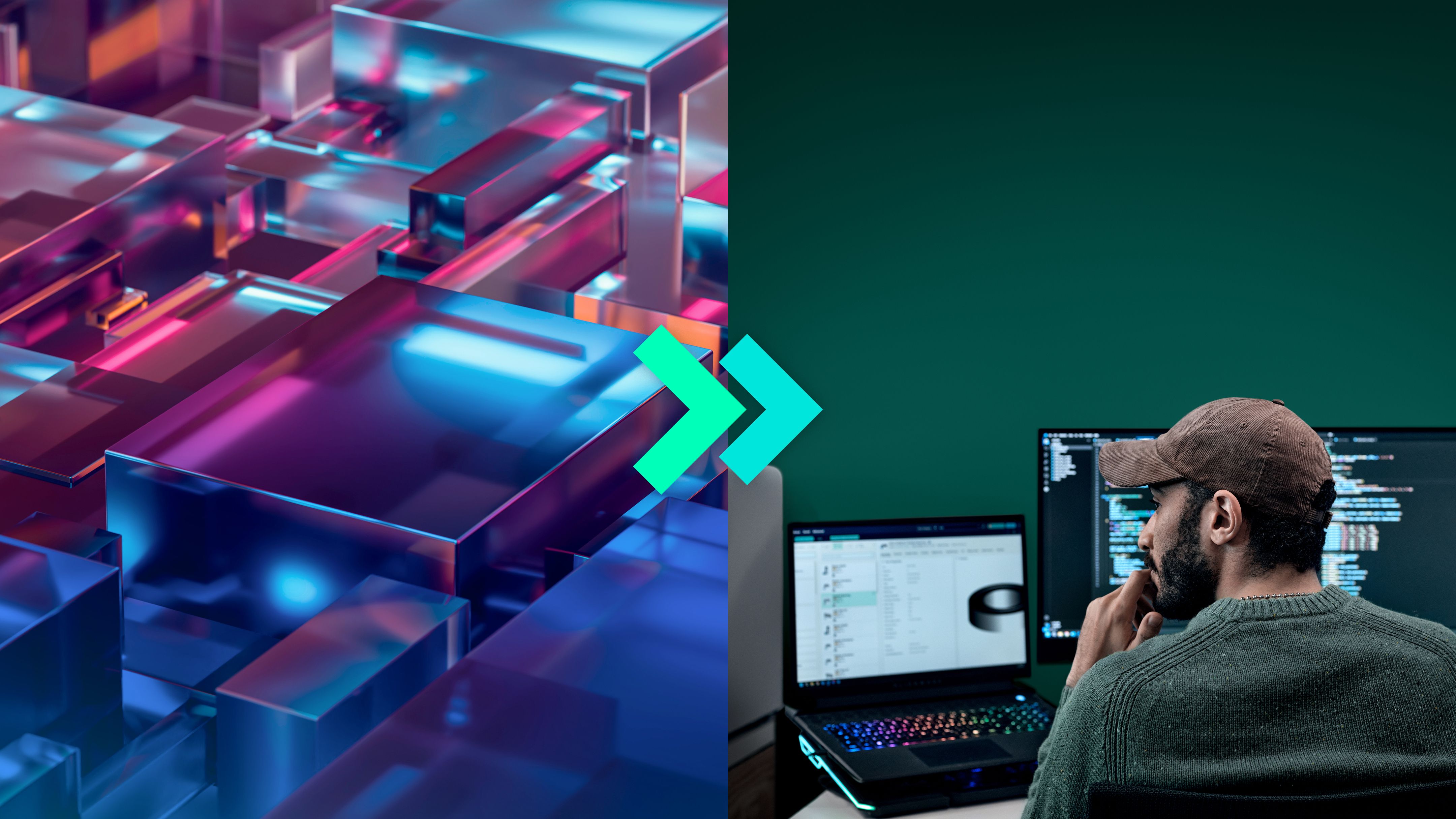 Gesplitste afbeelding met abstracte neonglazen blokken en een ontwikkelaar die aan meerdere monitoren werkt